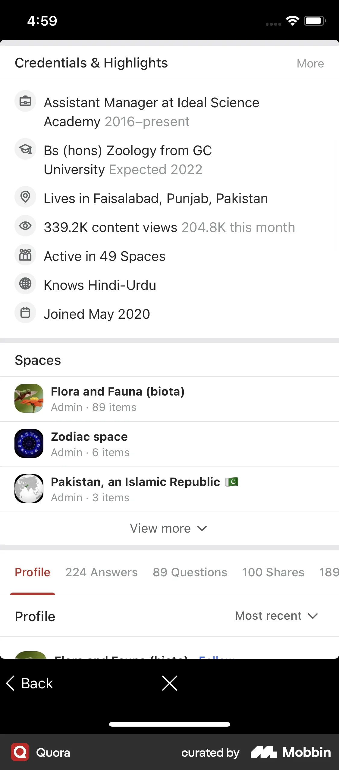 Quora iOS My Account & Profile screen