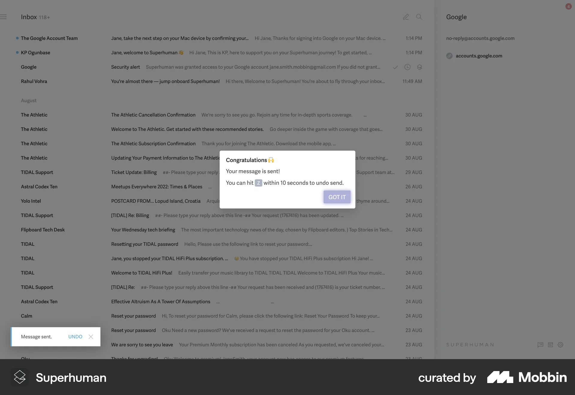 Superhuman Mail Web screen containing Keyboard Key UI element