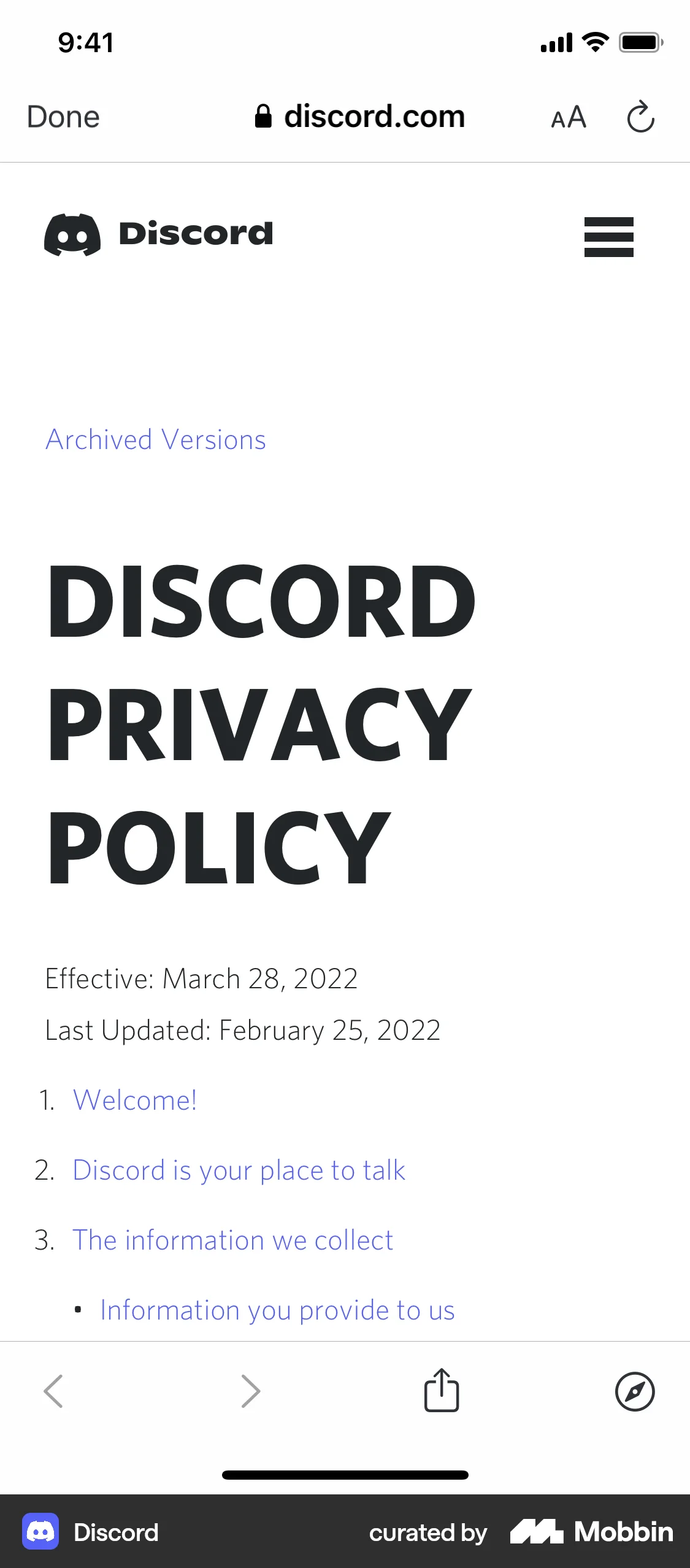 Discord iOS Privacy Policy screen