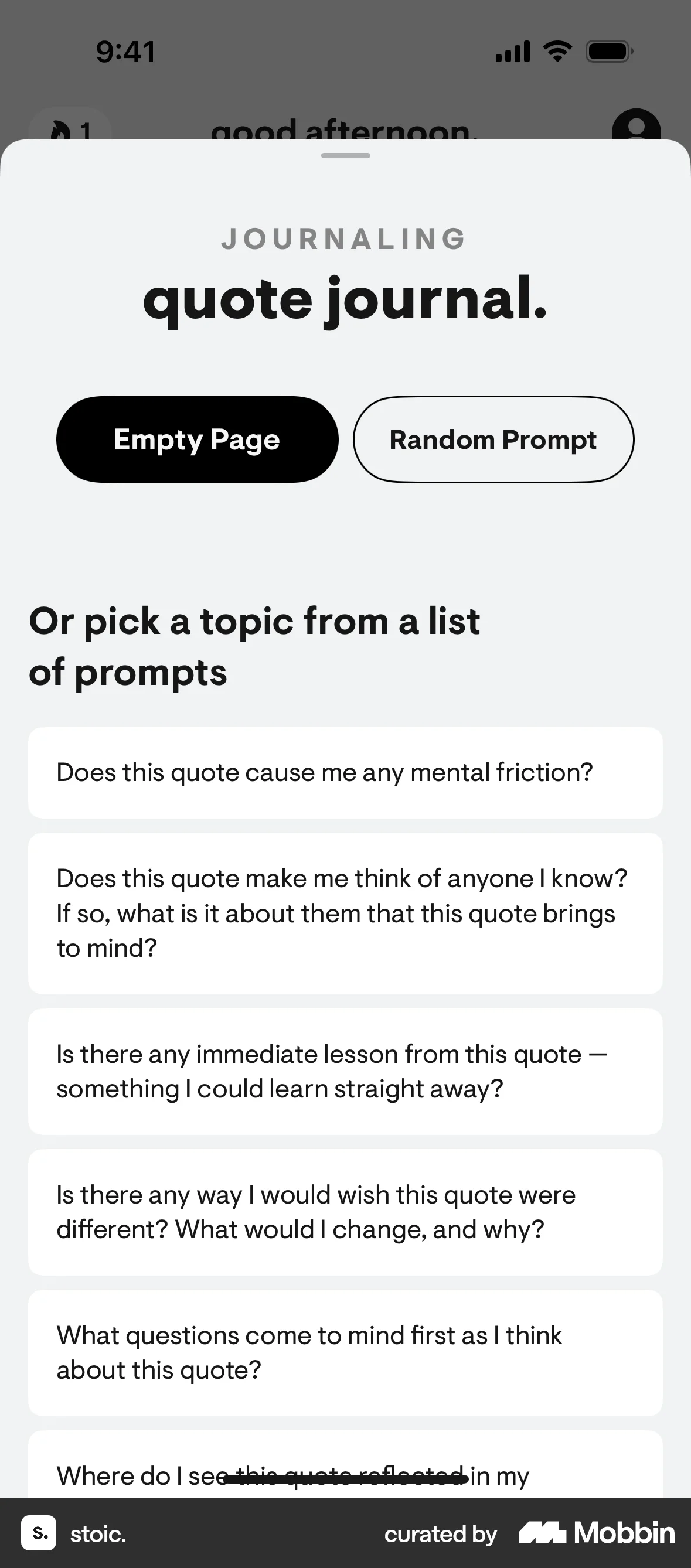 stoic. iOS screen containing Bottom Sheet UI element