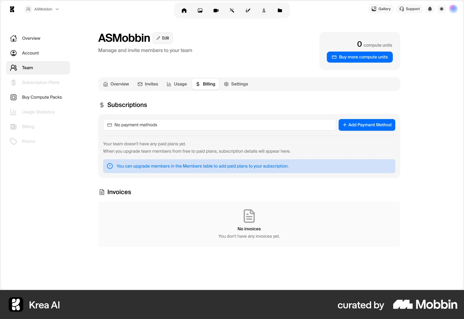 Krea AI Web Billing screen