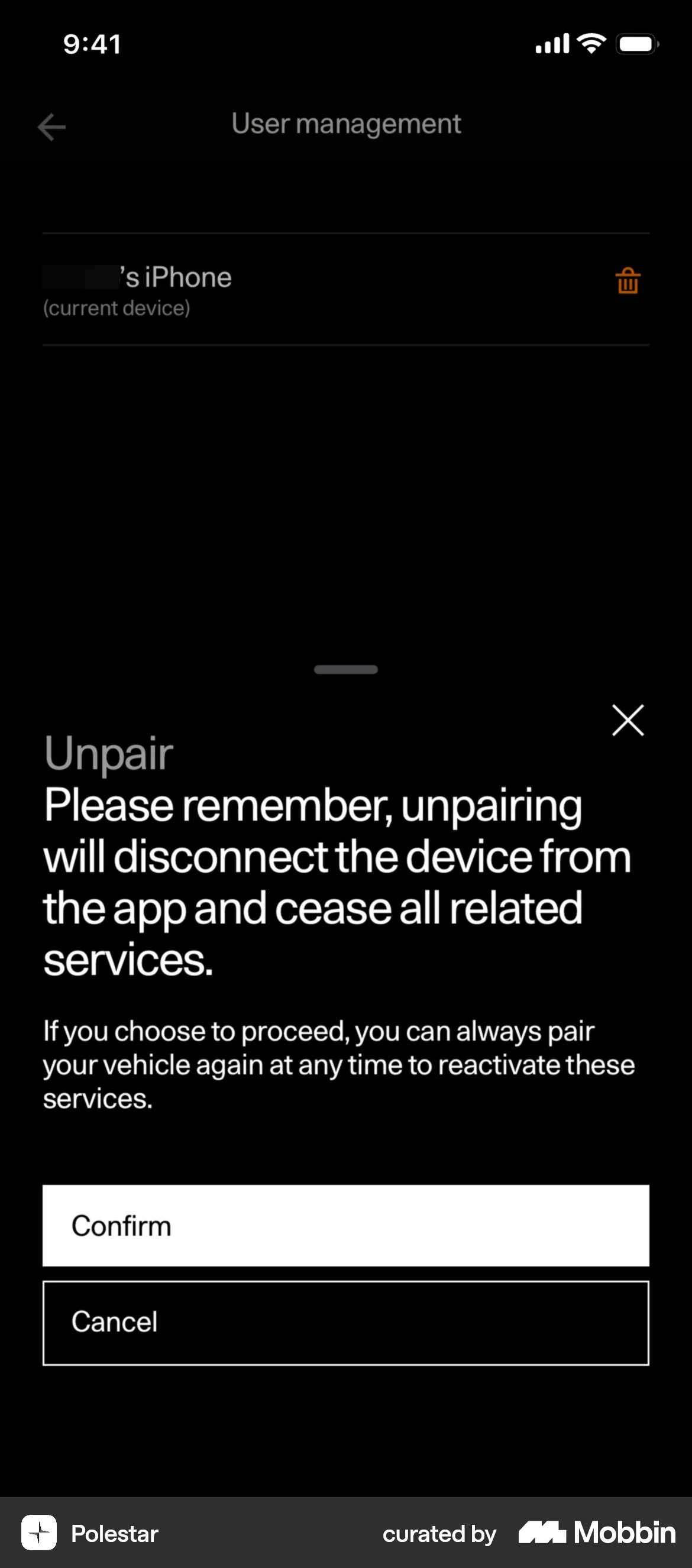 Polestar iOS Confirmation screen