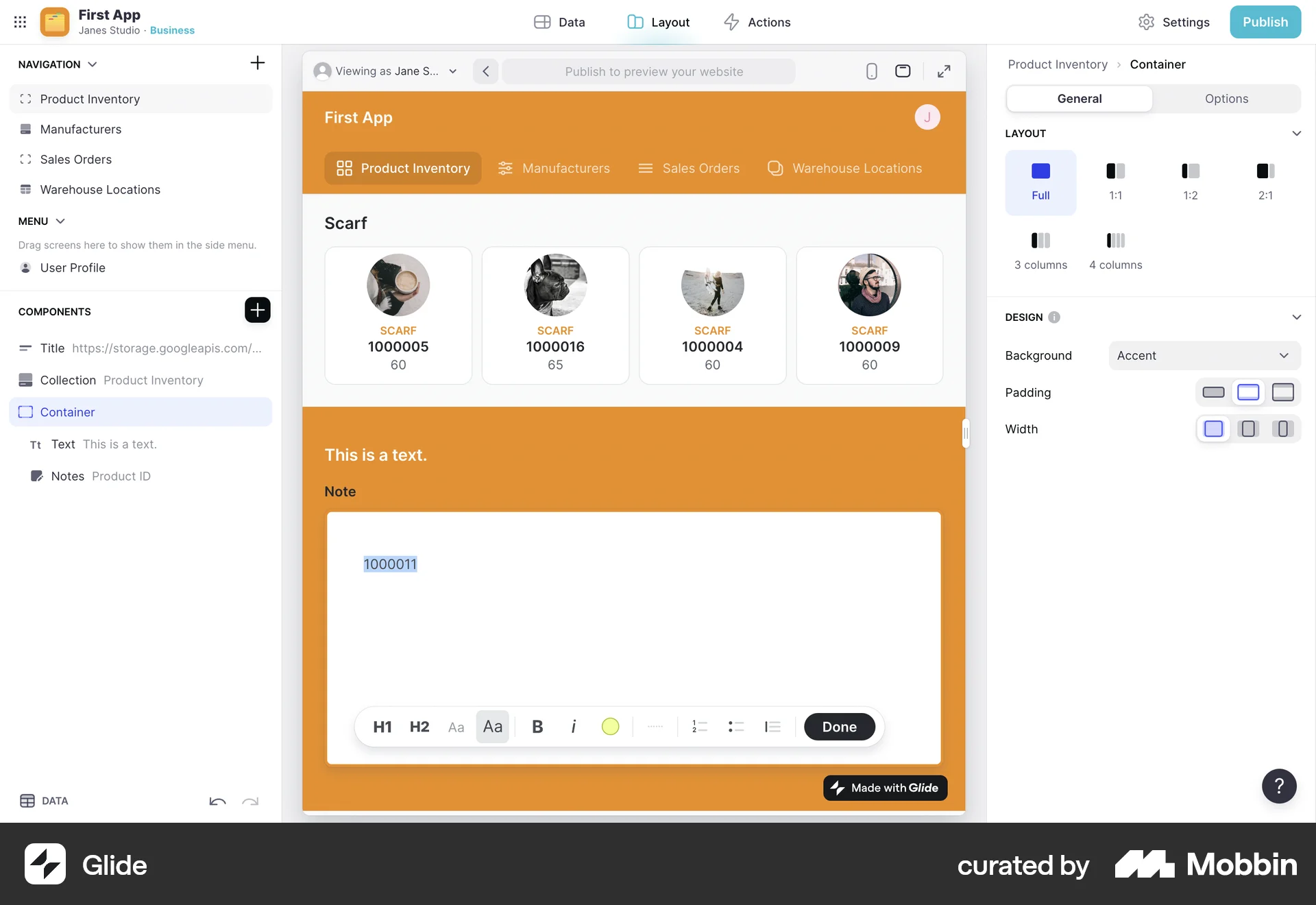 Glide Web screen containing Segmented Control UI element
