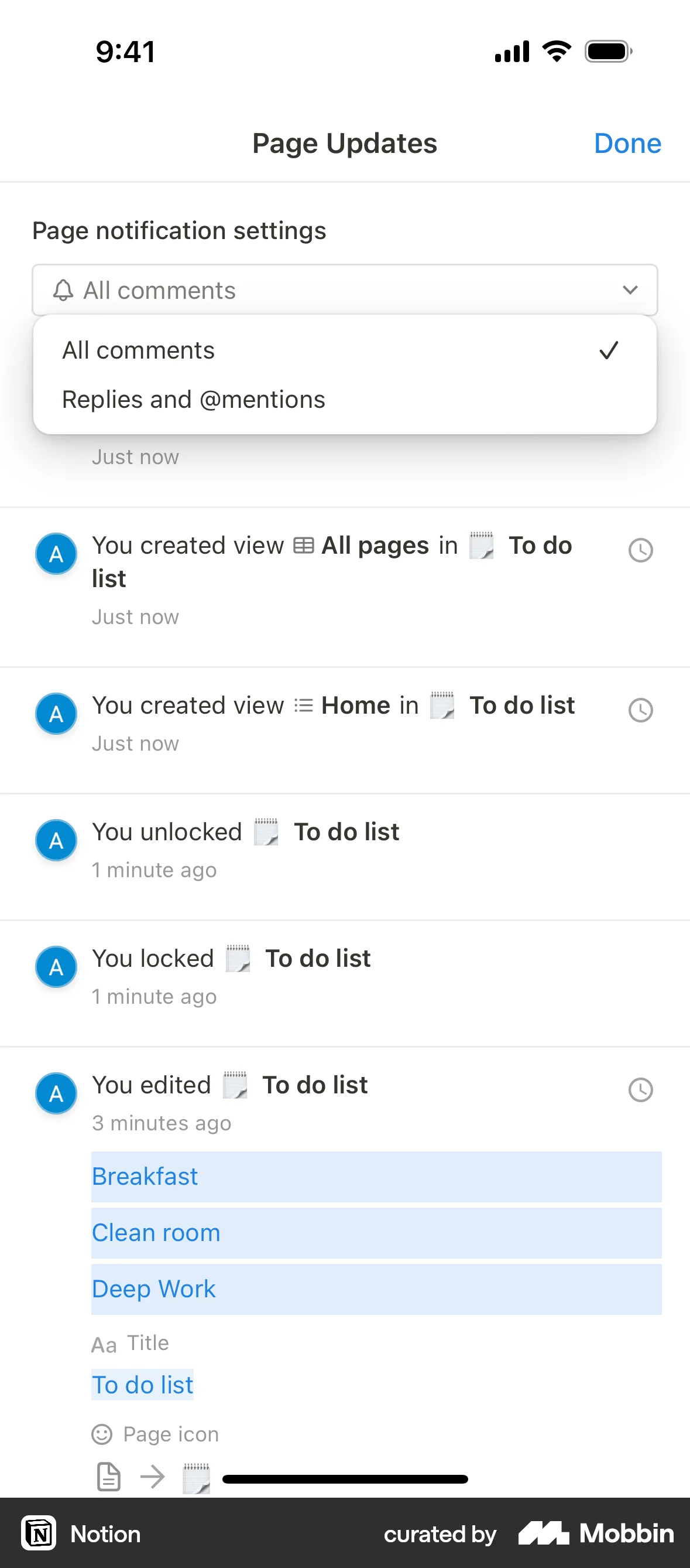 Notion iOS screen containing Dropdown Menu UI element