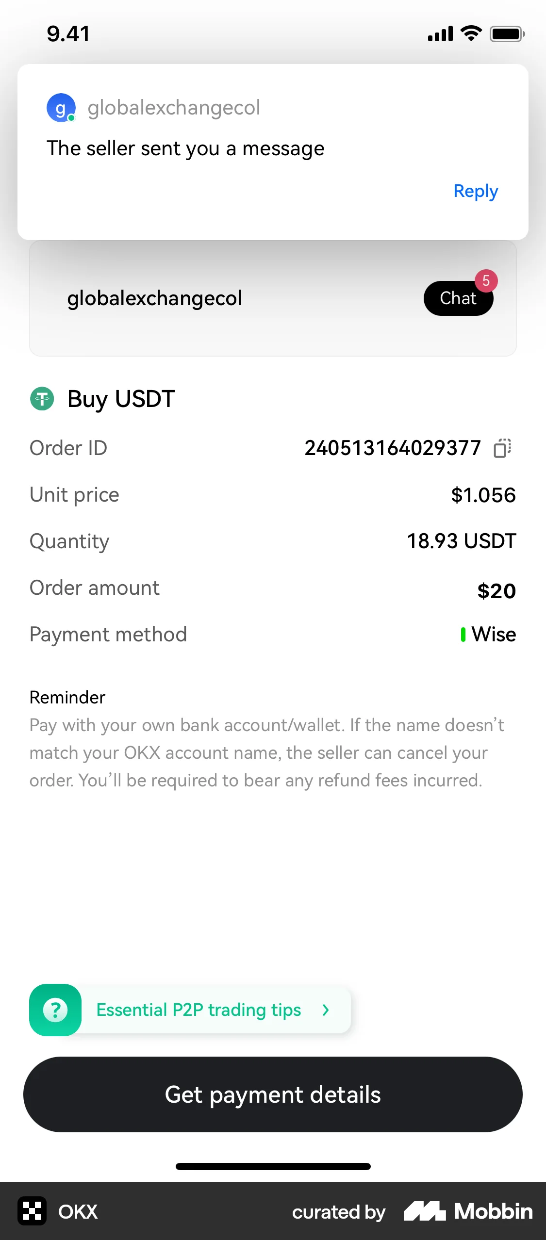 OKX iOS Order Confirmation screen