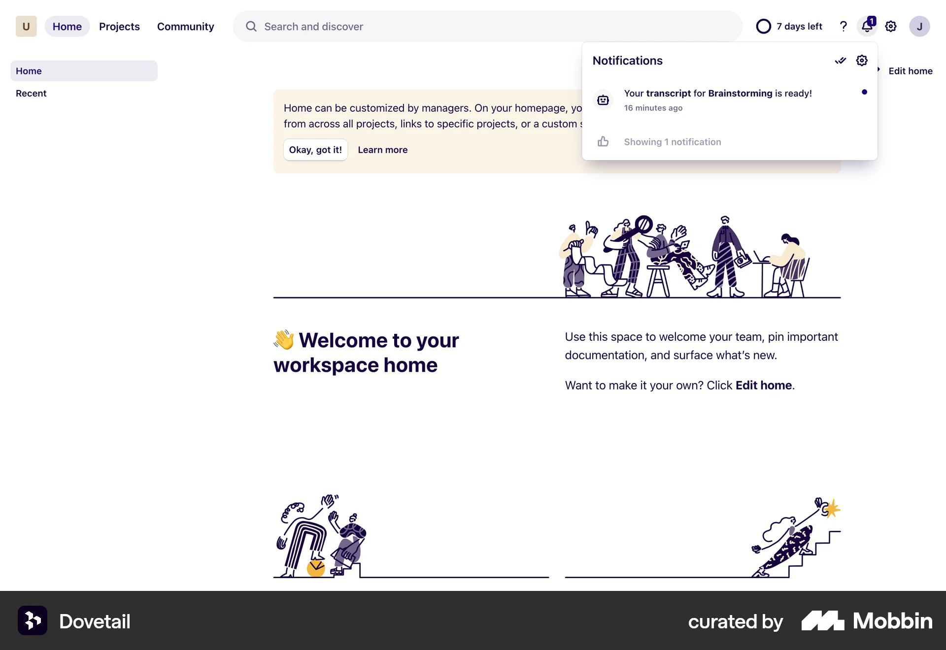 Dovetail Web Notifications screen