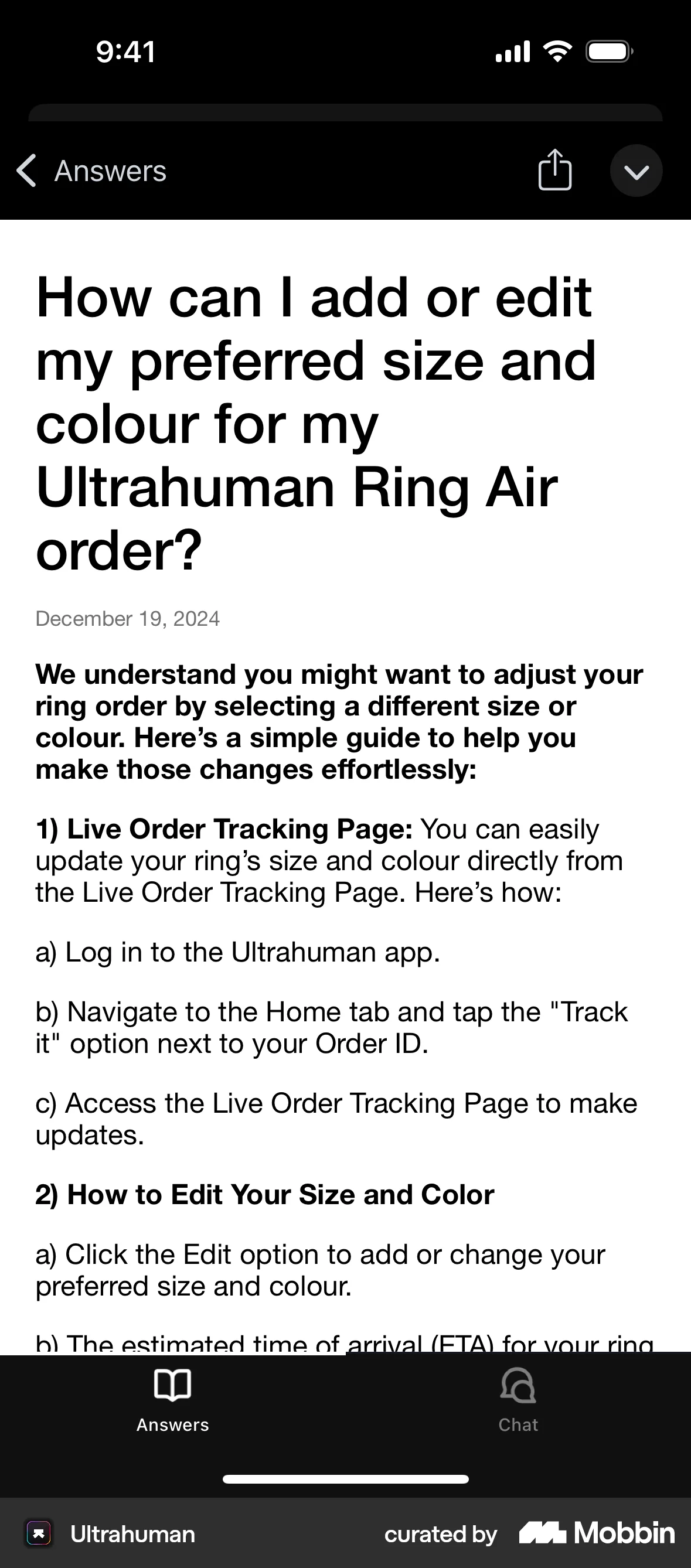 Ultrahuman iOS Help & Support screen