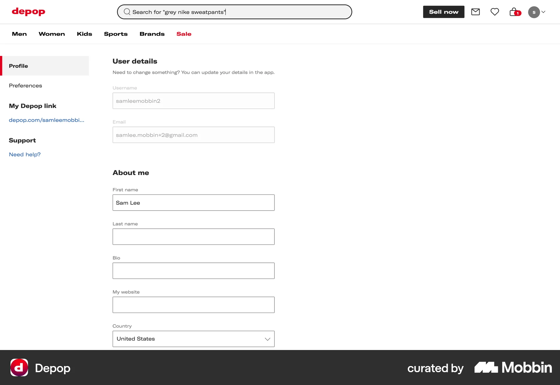 Depop Web Settings & Preferences screen