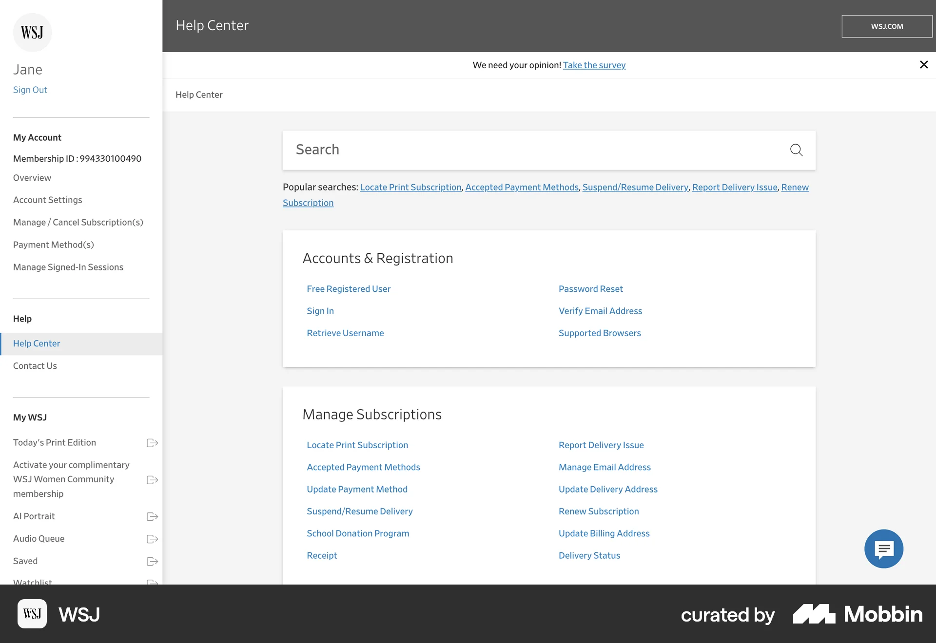 WSJ Web Help & Support screen