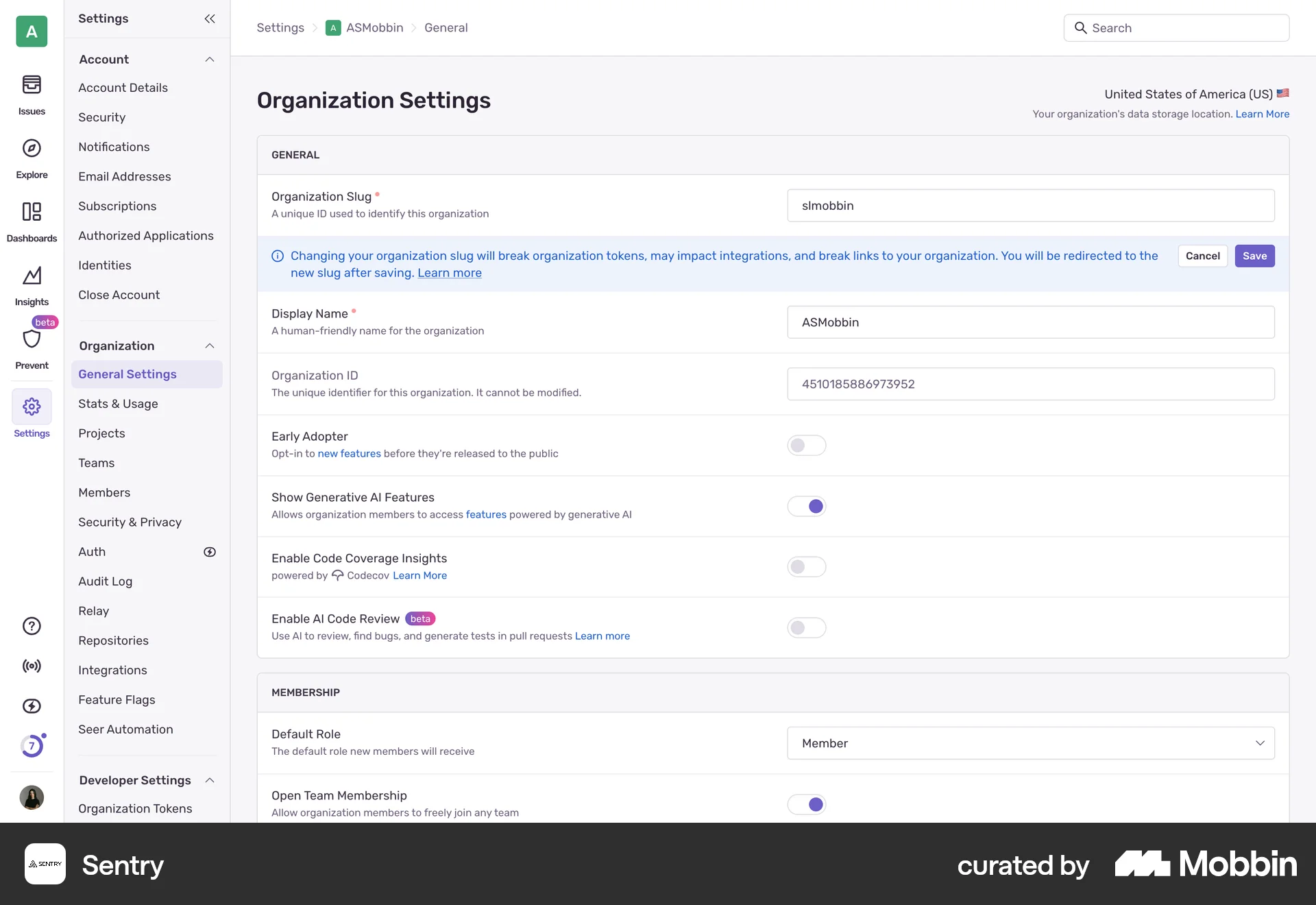 Sentry Web screen containing Switch UI element