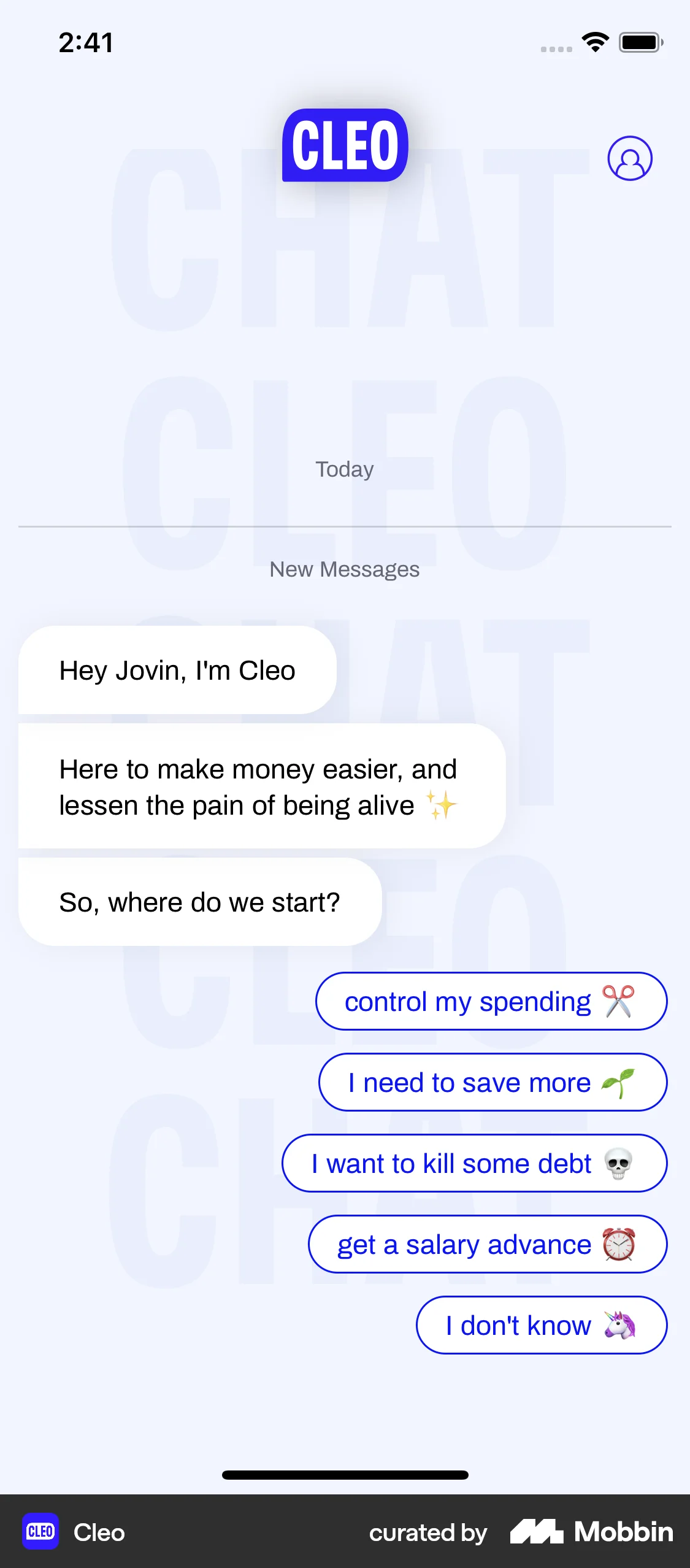 Cleo iOS Chat Bot screen