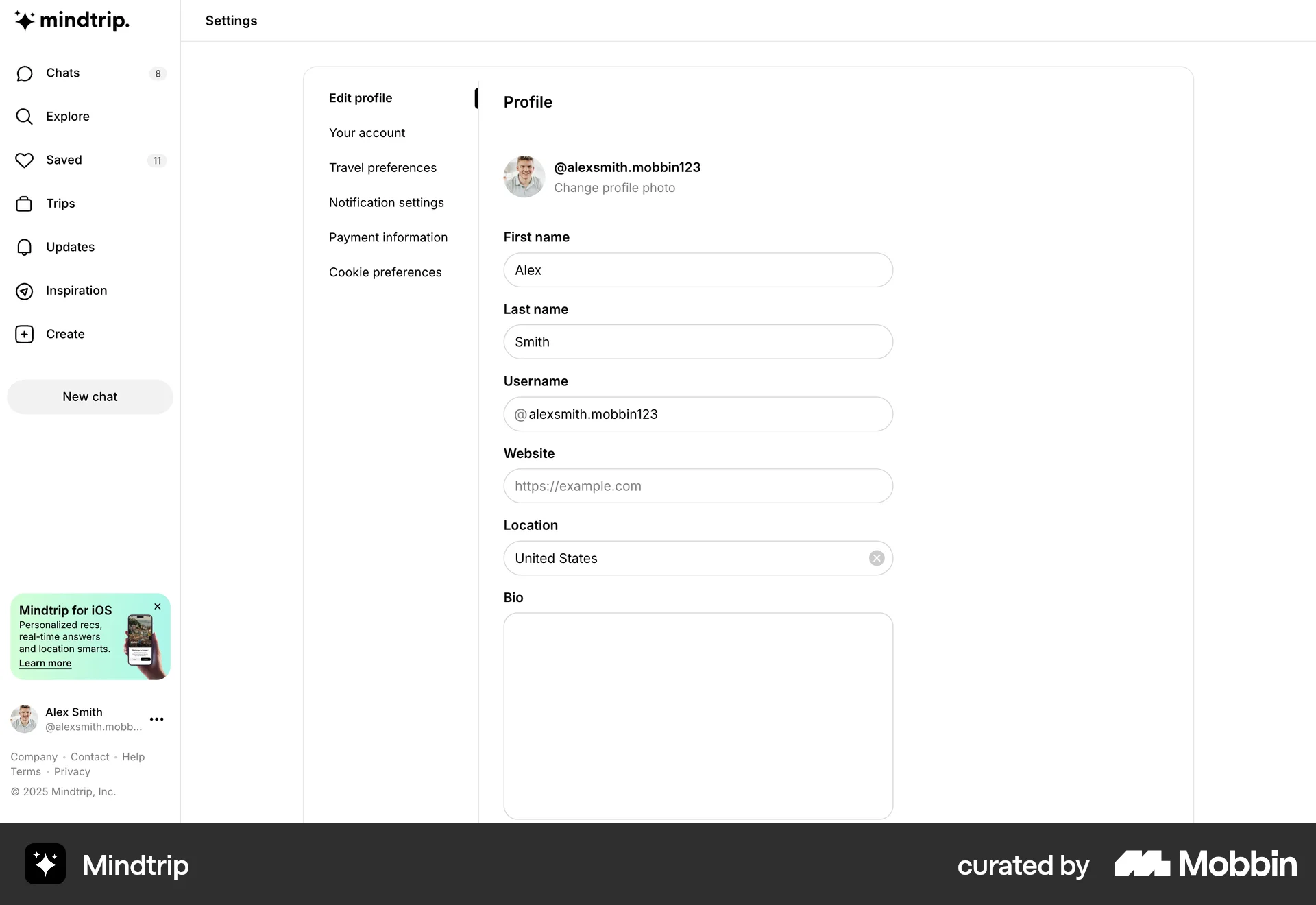 Mindtrip Web Settings & Preferences screen