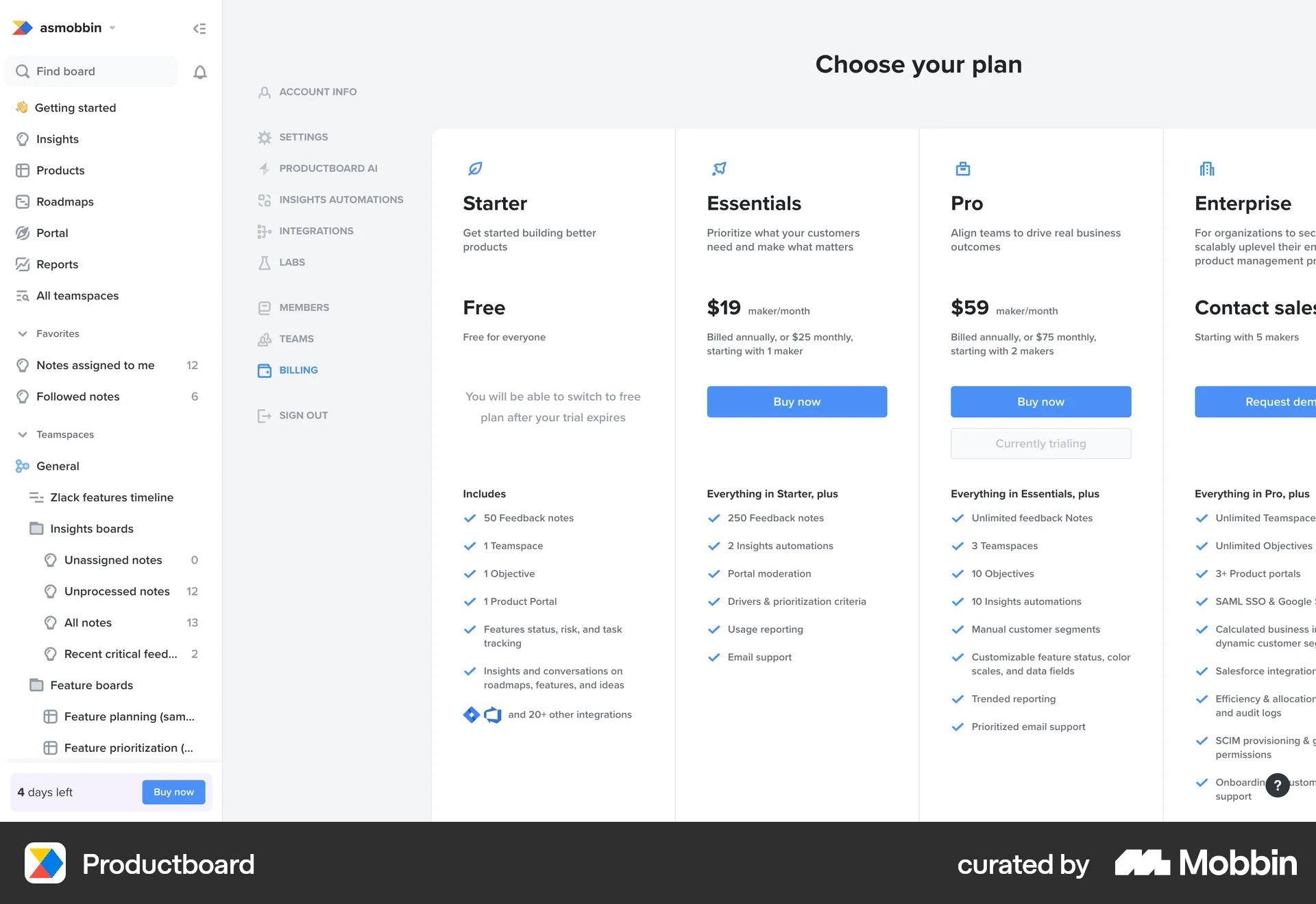 Productboard Web Select screen