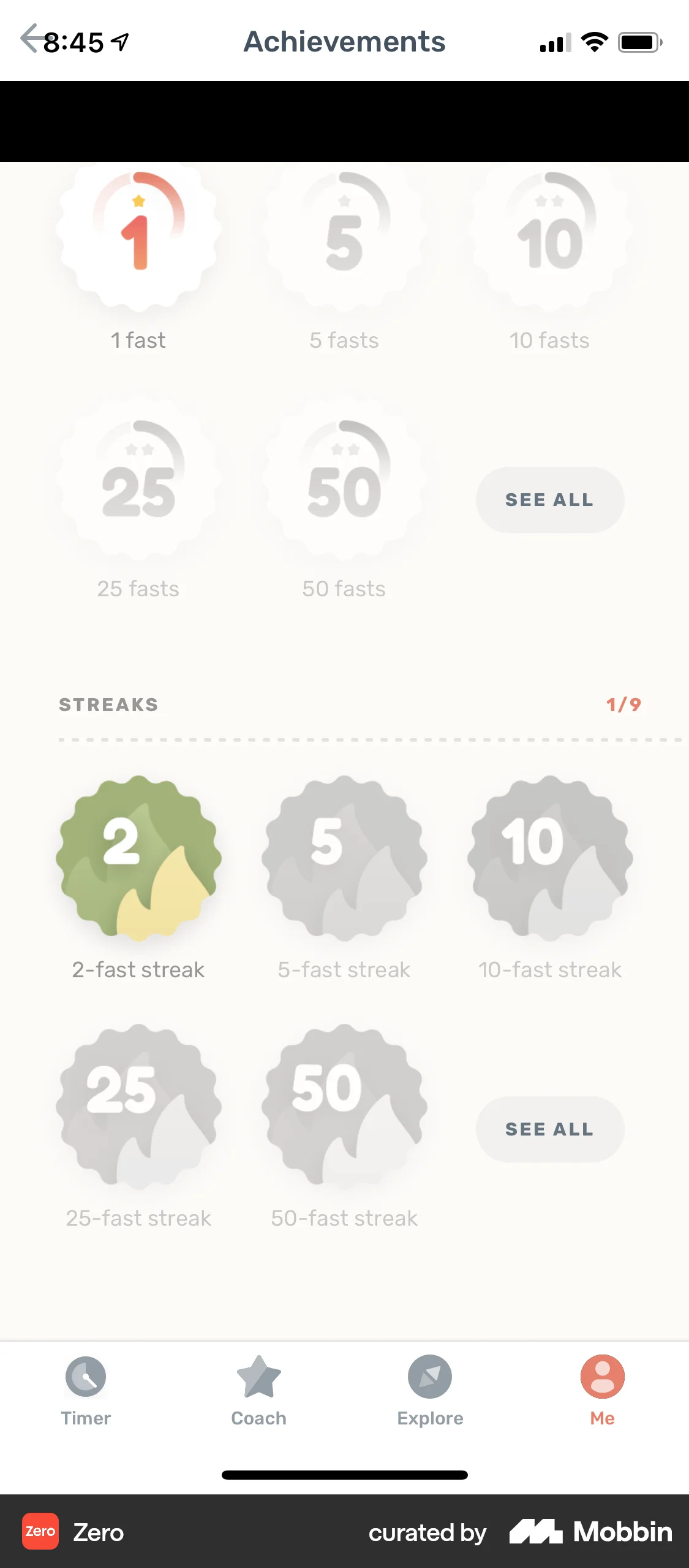 Zero iOS Achievements & Awards screen