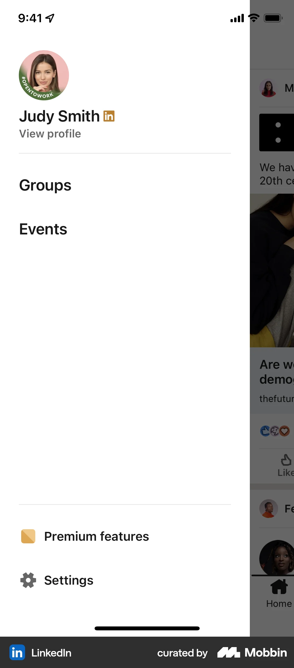 LinkedIn iOS screen containing Side Navigation UI element