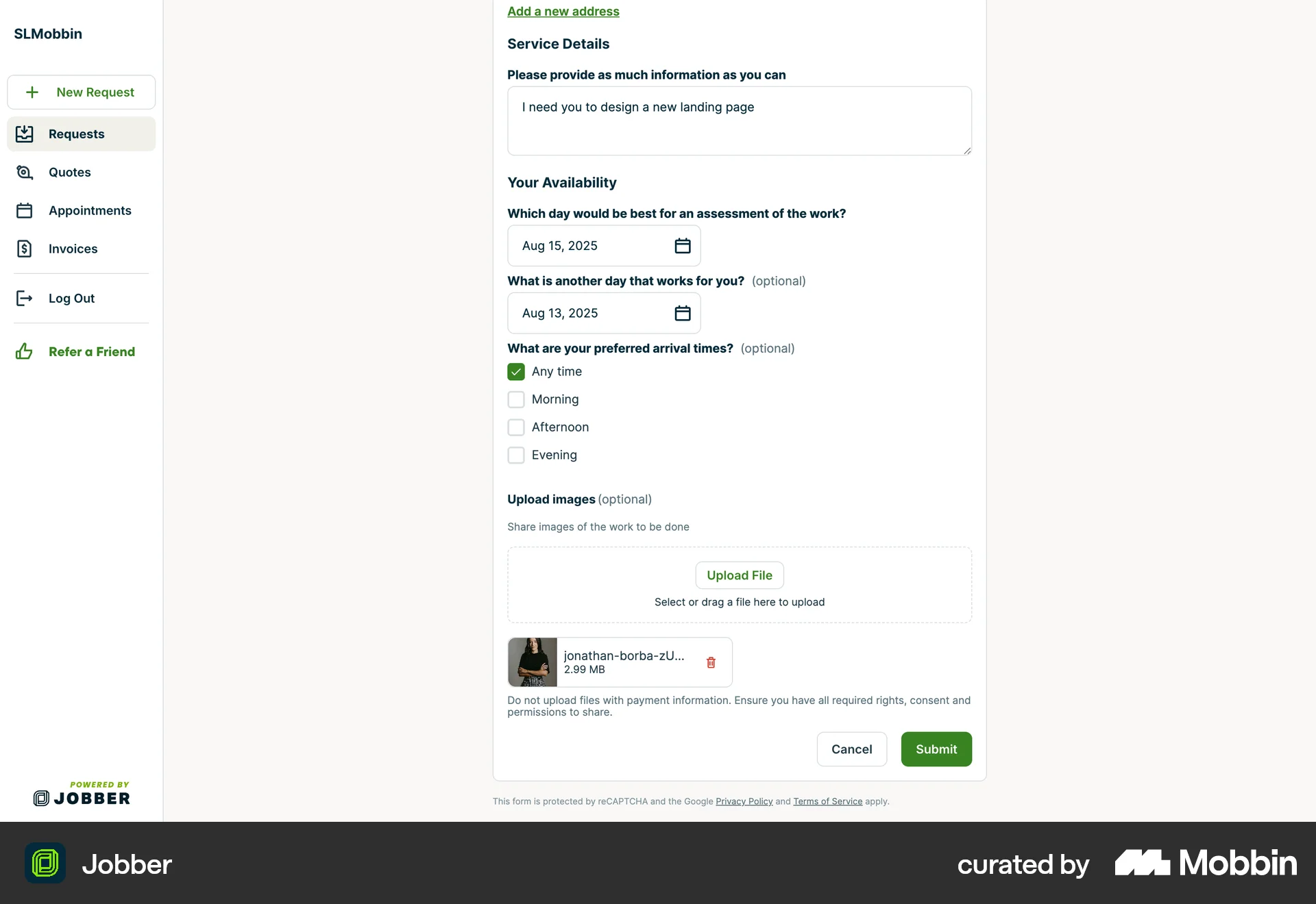 Jobber Web Web Form UI screen