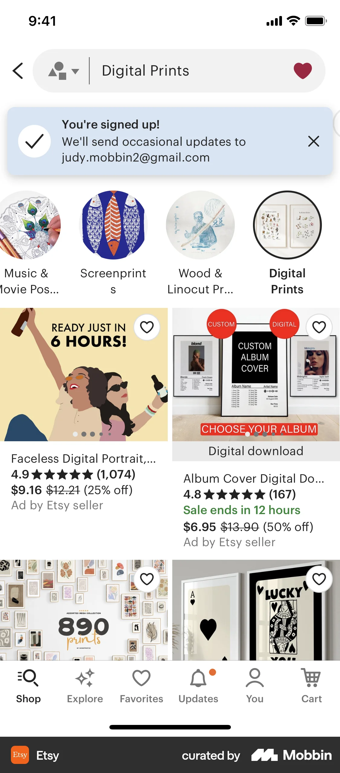 Etsy iOS screen containing Toast UI element