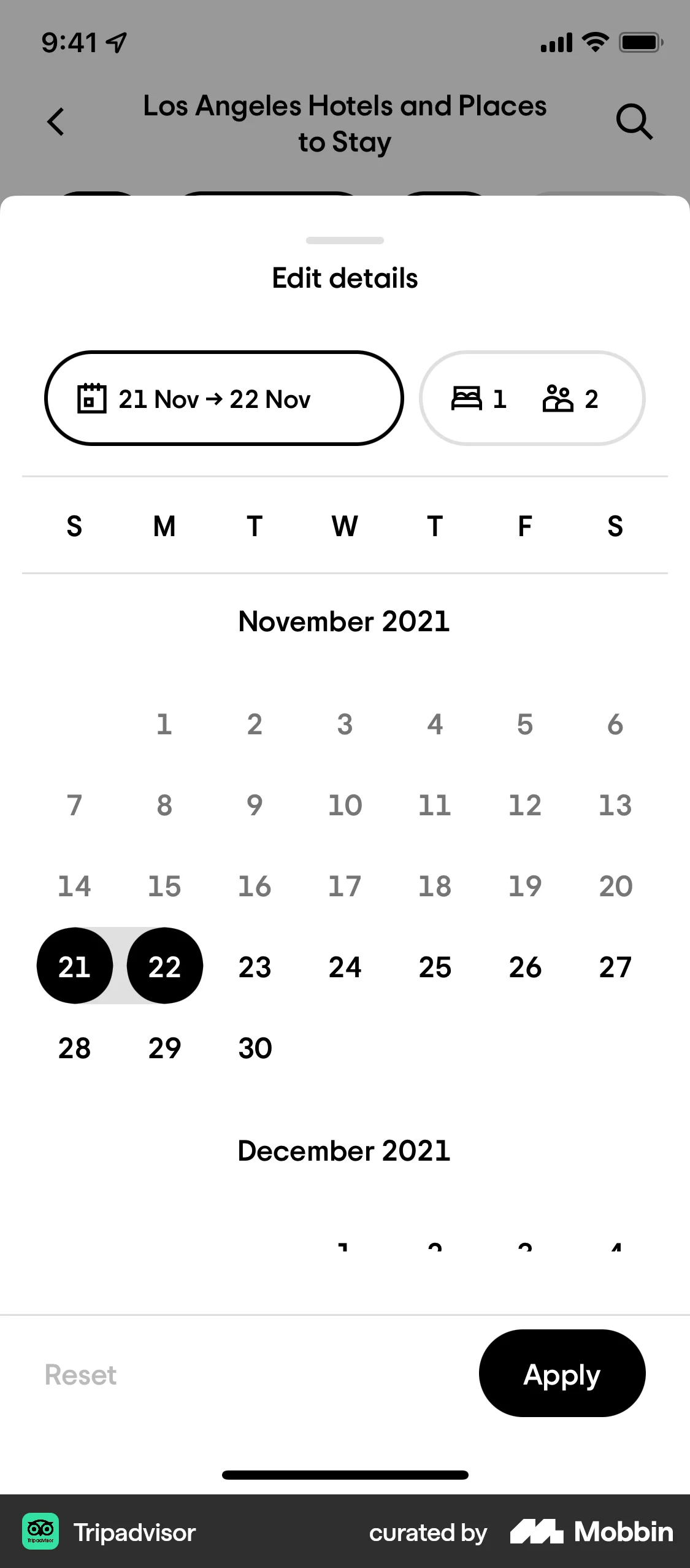 Tripadvisor iOS Calendar screen