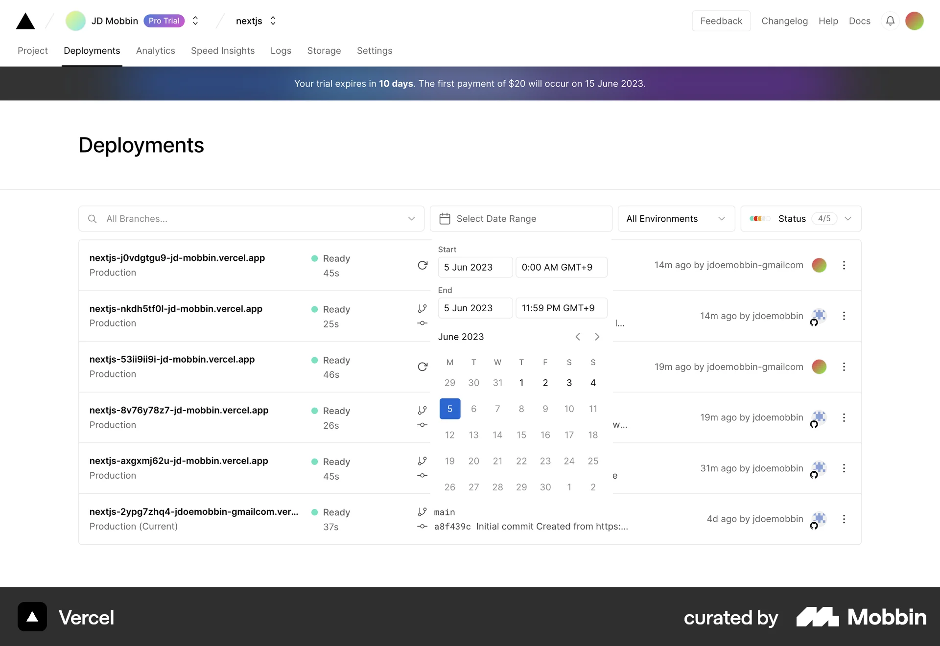 Vercel Web Calendar screen