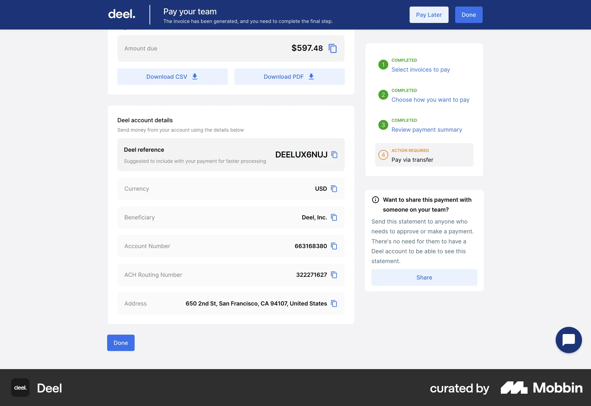 Deel Web Transfer & Send Money screen