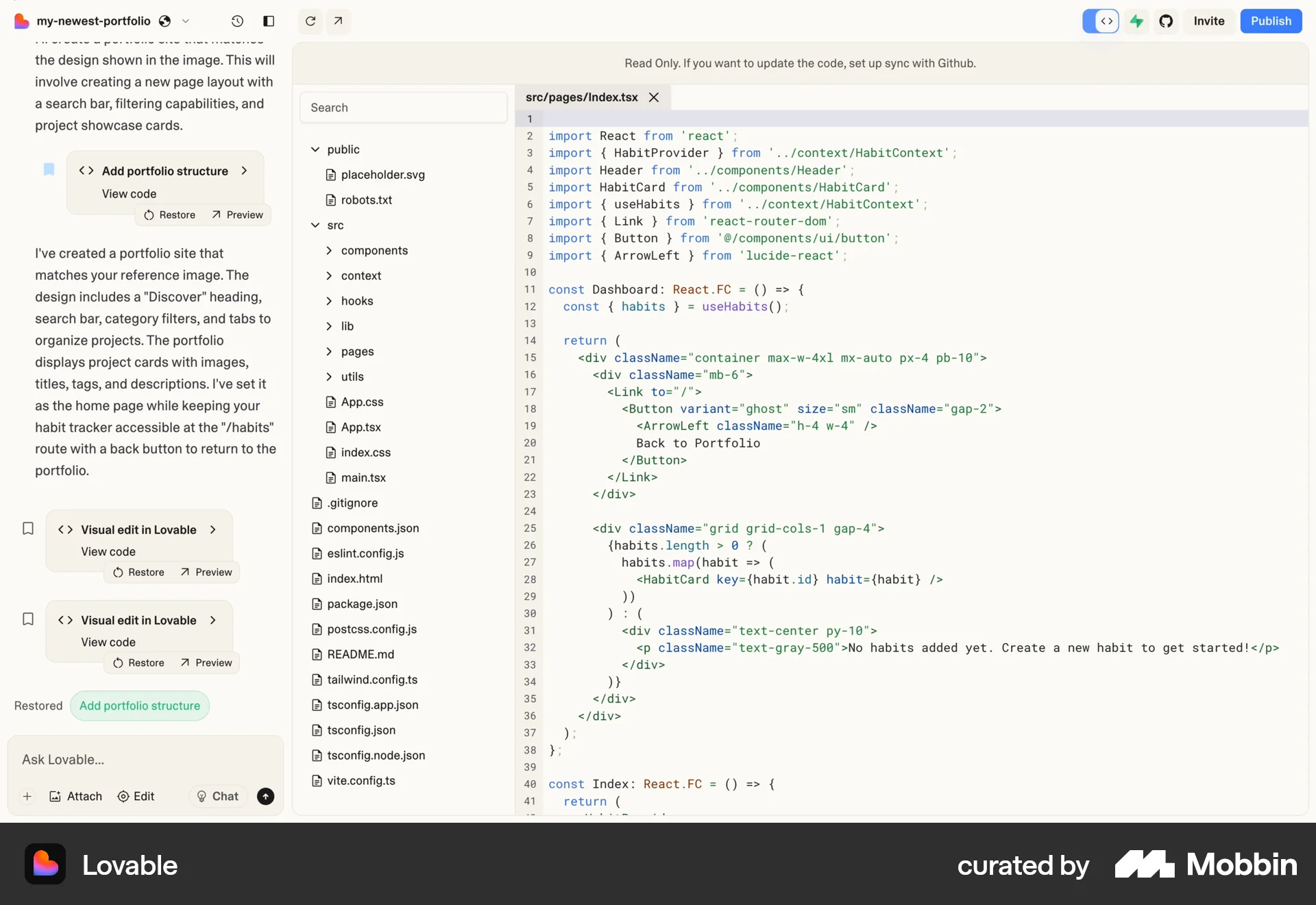 Lovable Web Code Editor screen