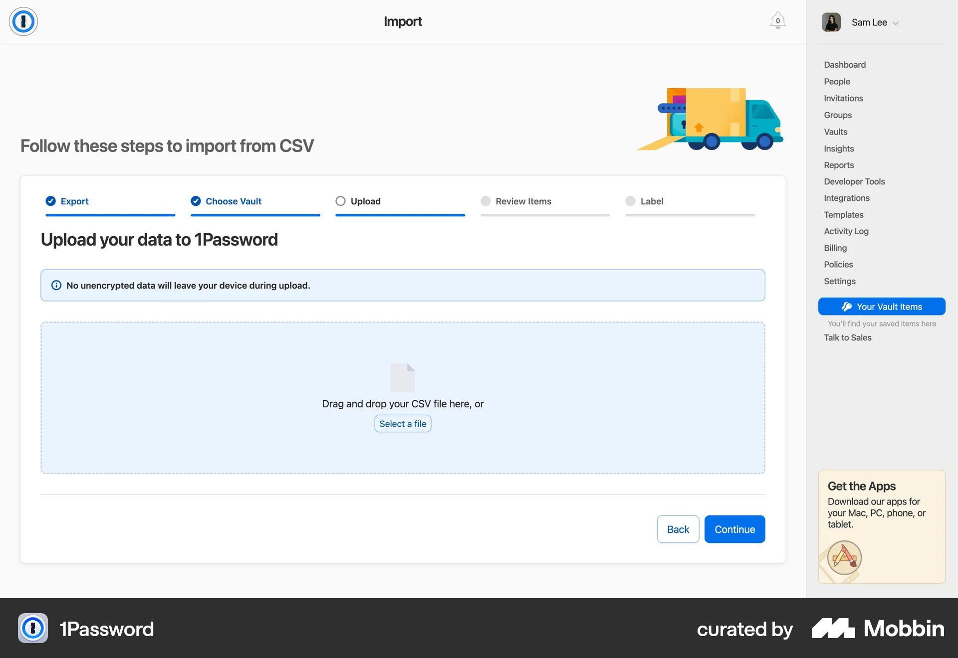 1Password Web Progress screen