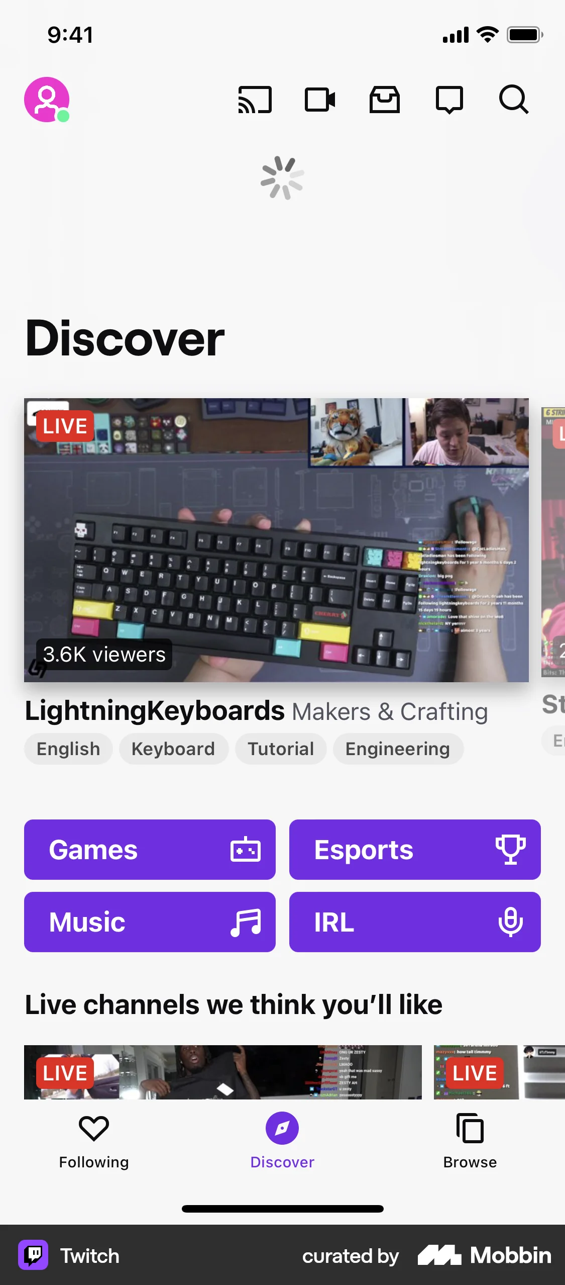 Twitch iOS Pull to Refresh screen