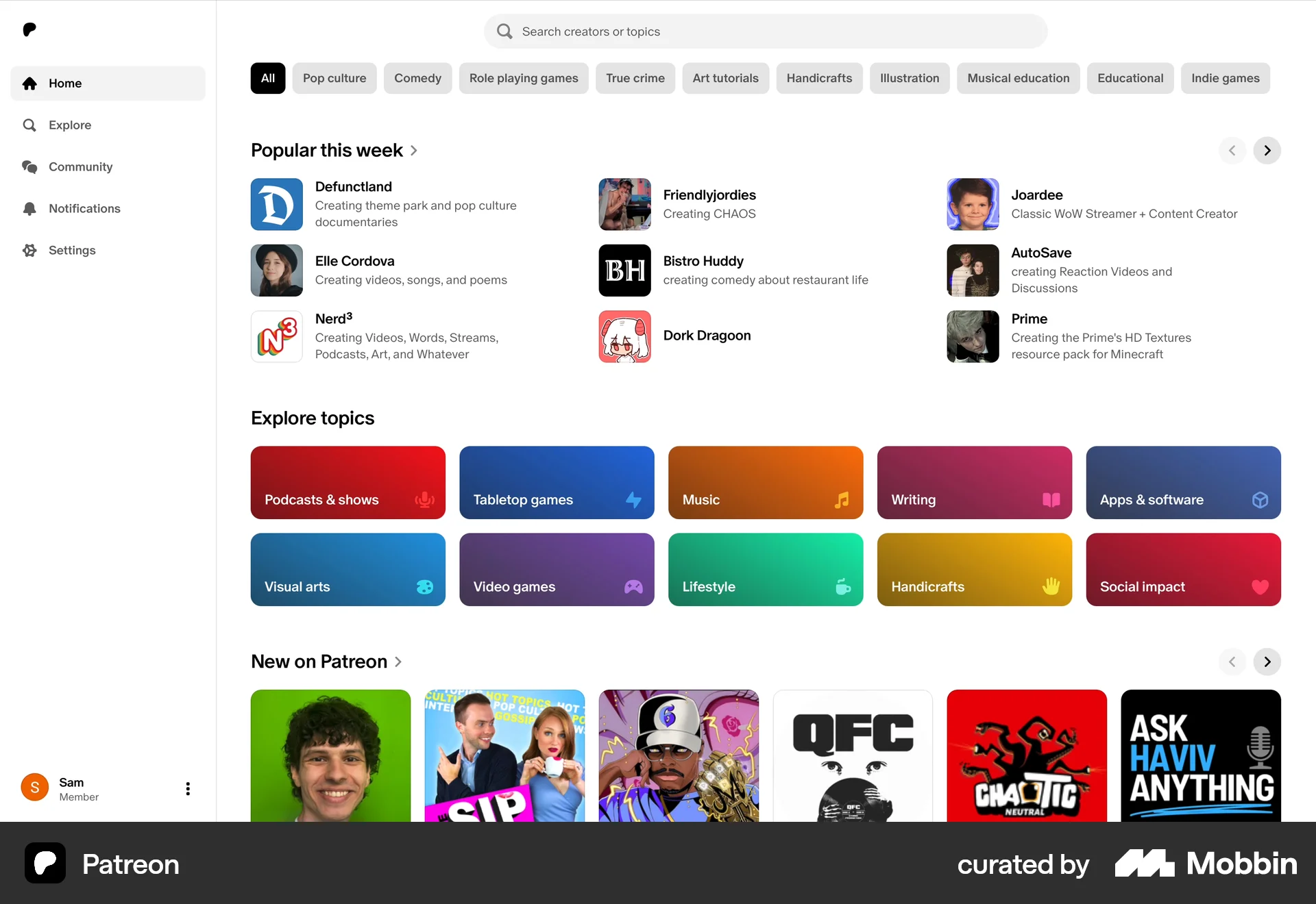 Patreon Web screen containing Carousel UI element