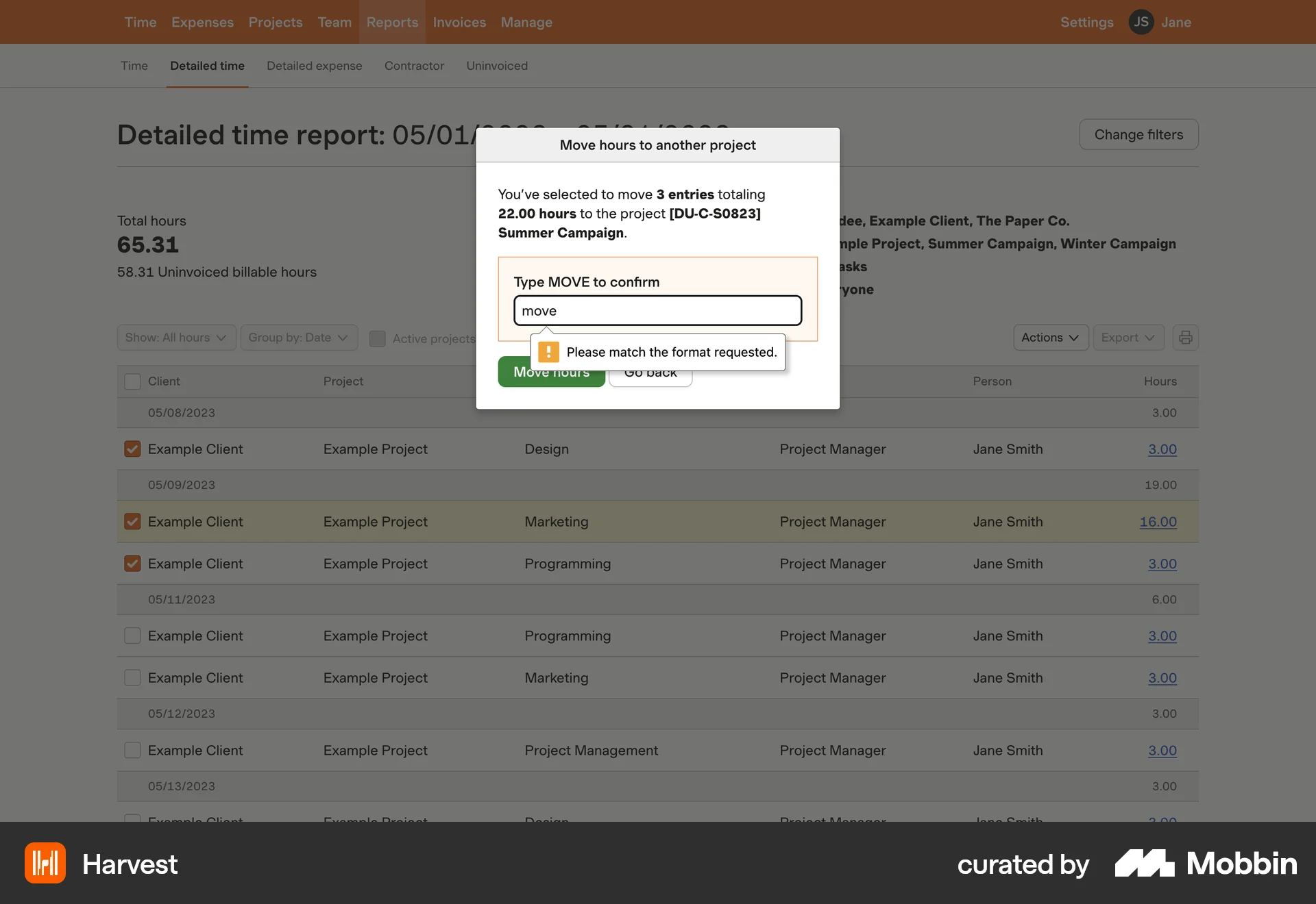 Harvest Web Move screen