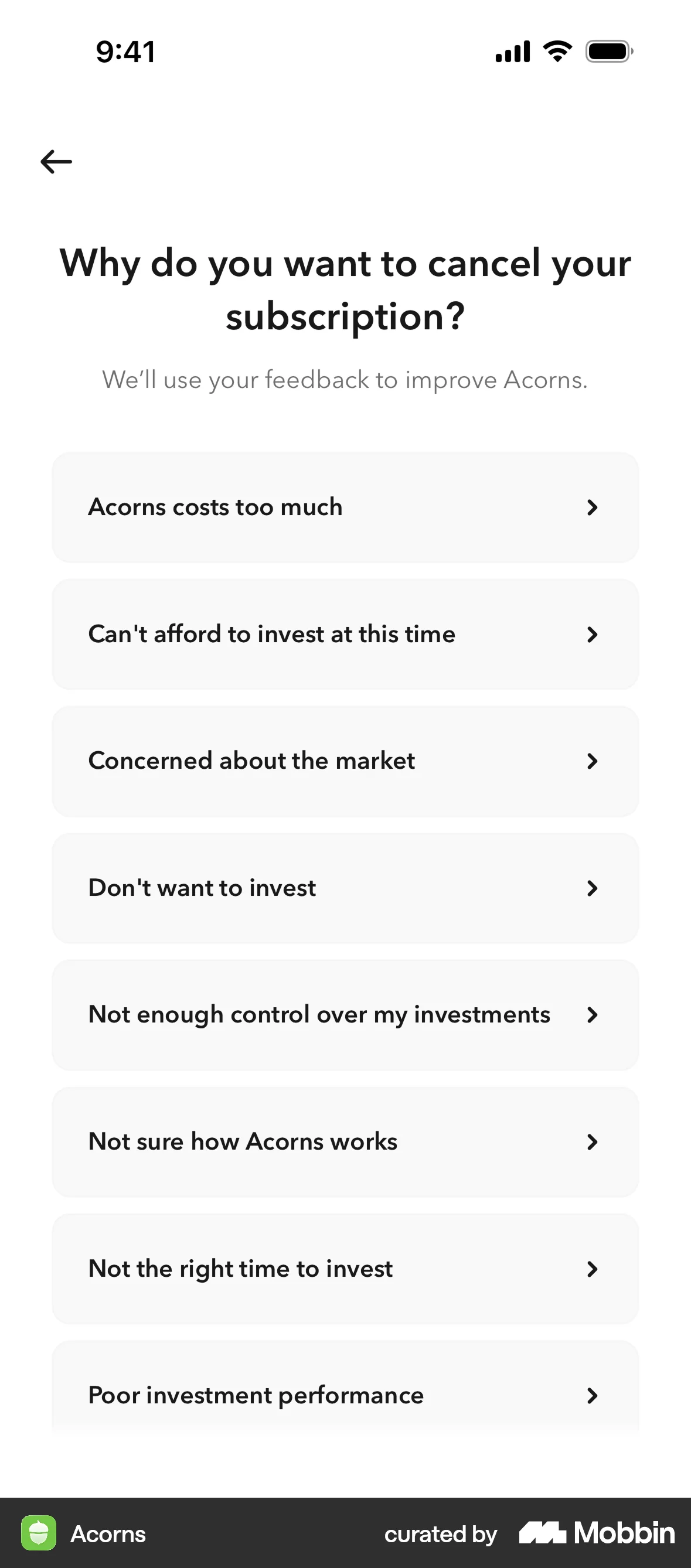 Acorns iOS Feedback screen