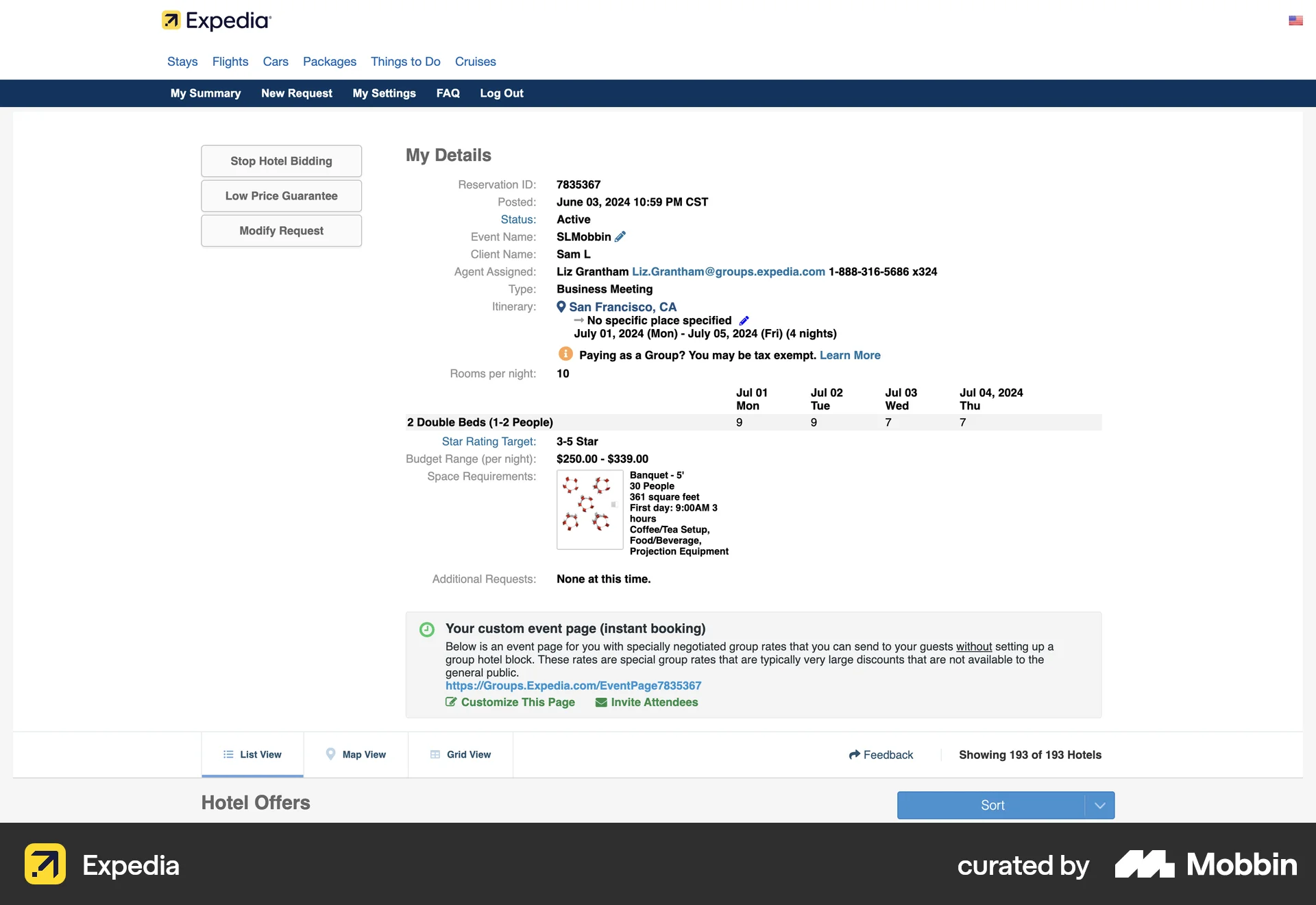 Expedia Web Order Detail screen