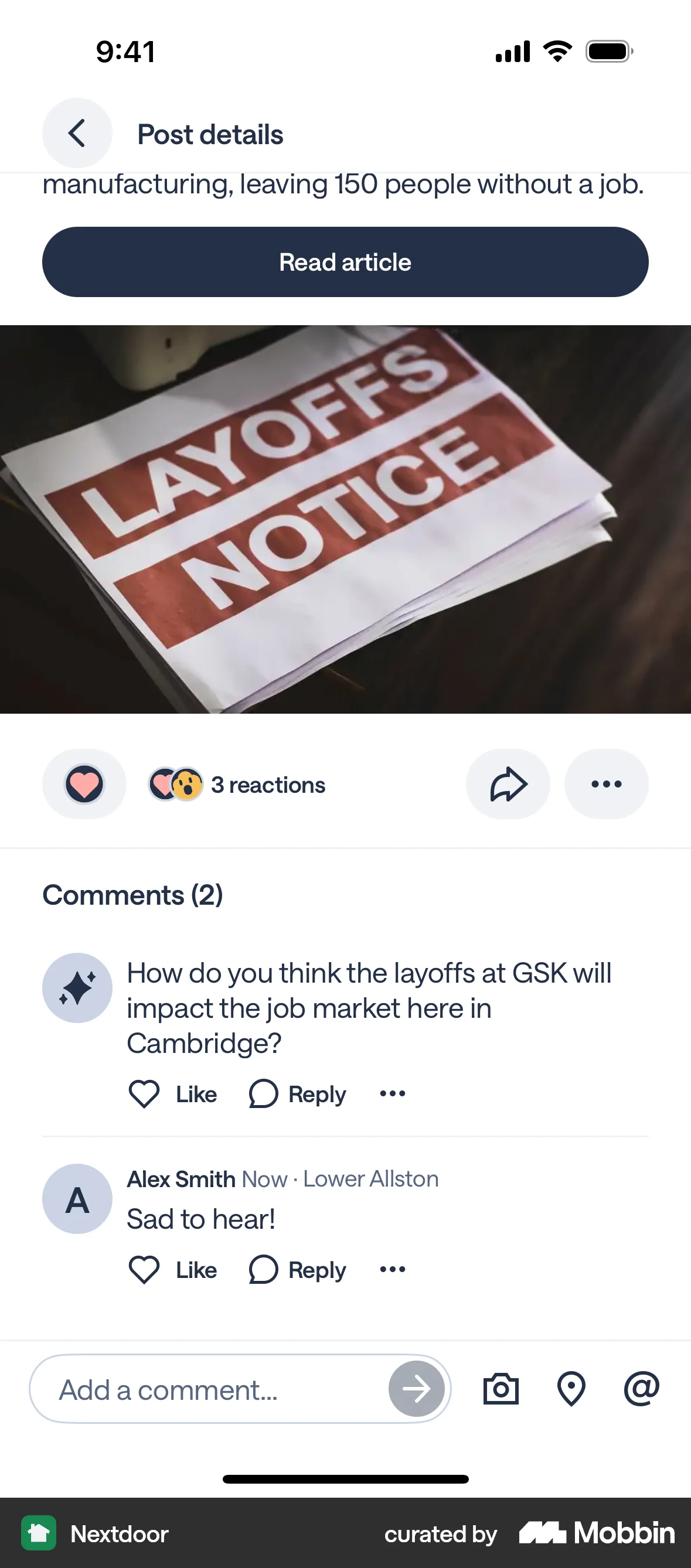 Nextdoor iOS Comments screen