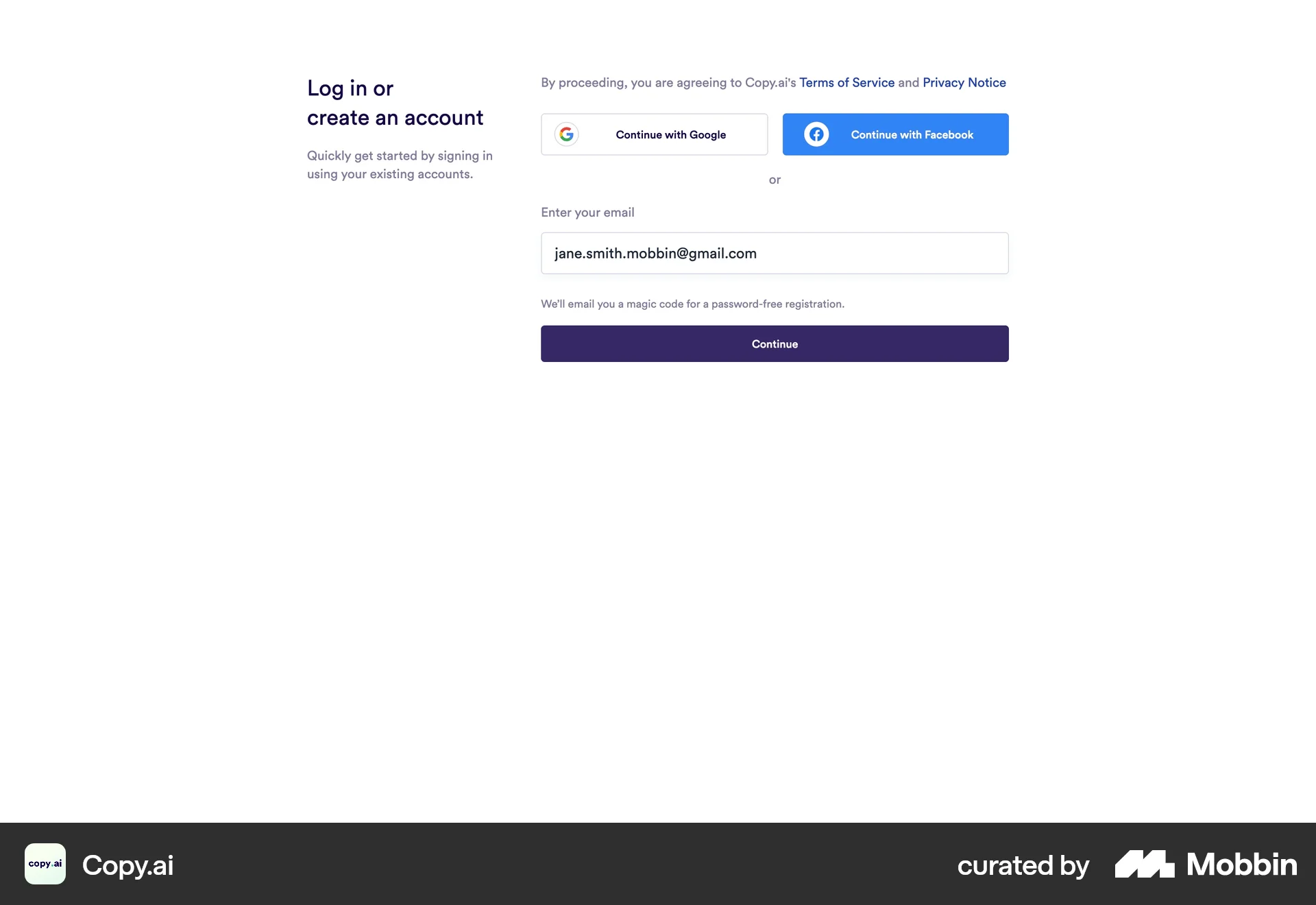 Copy.ai Web Signup screen