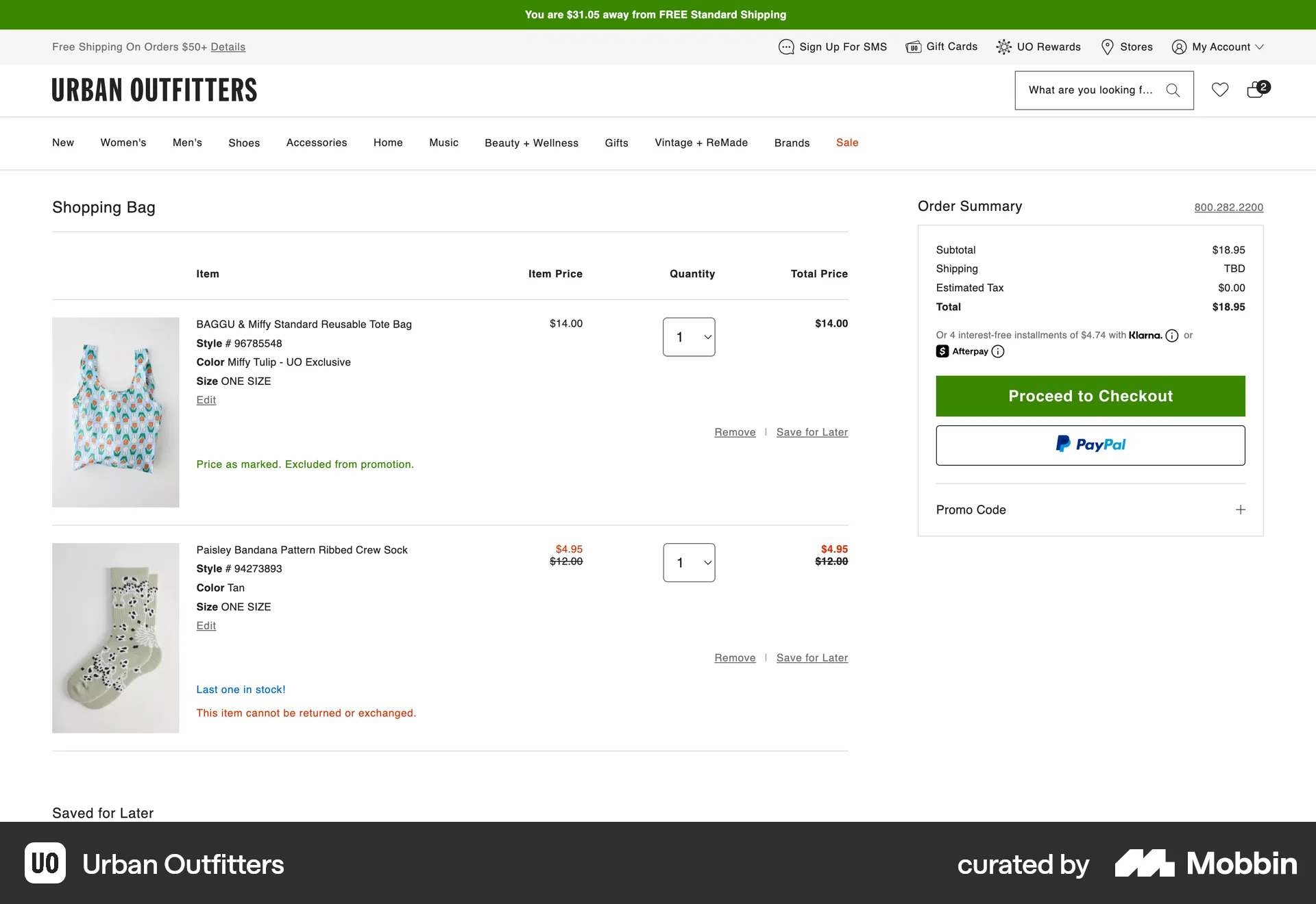 Urban Outfitters Web Web Shopping Cart screen