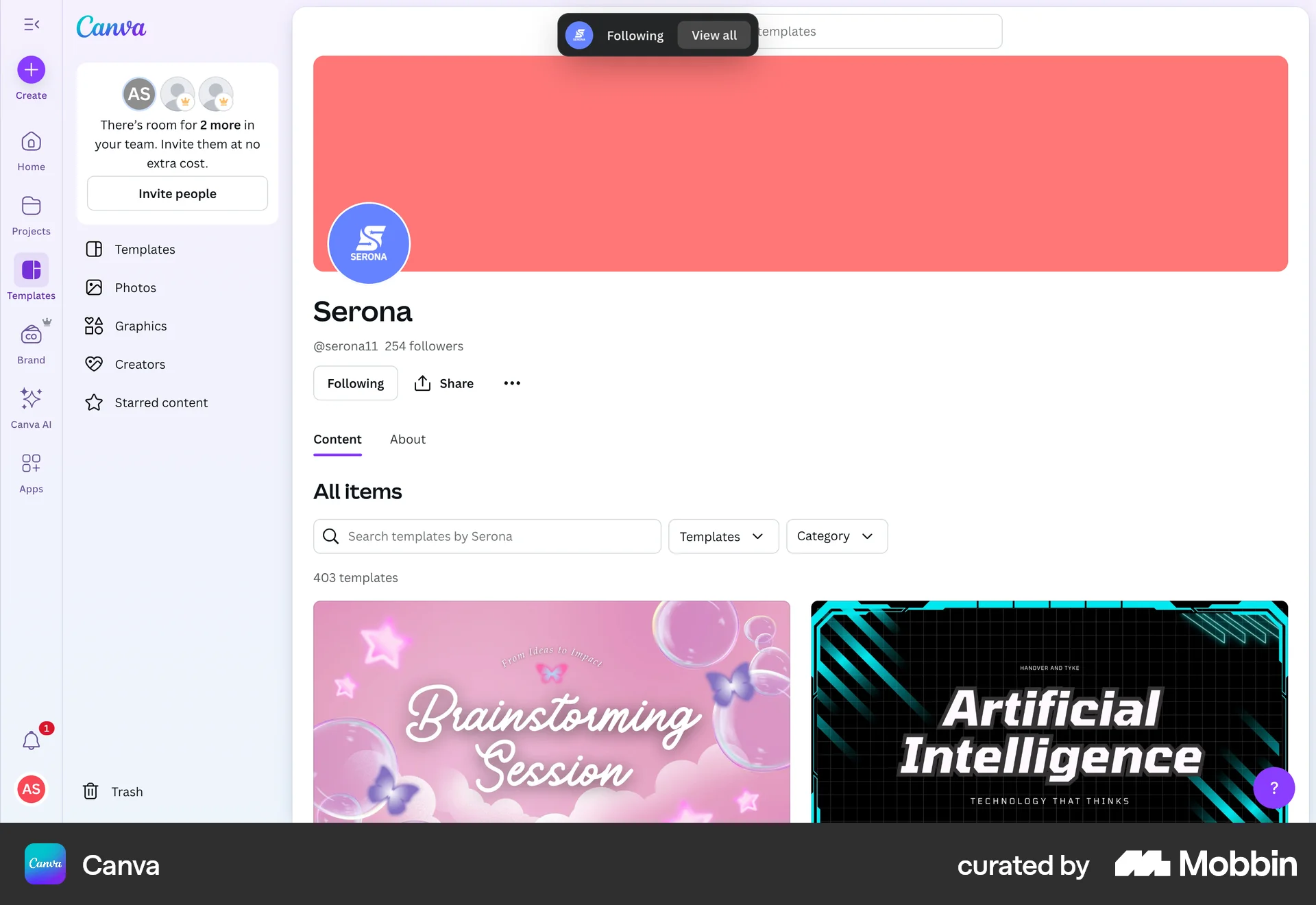 Canva Web Follow & Subscribe screen