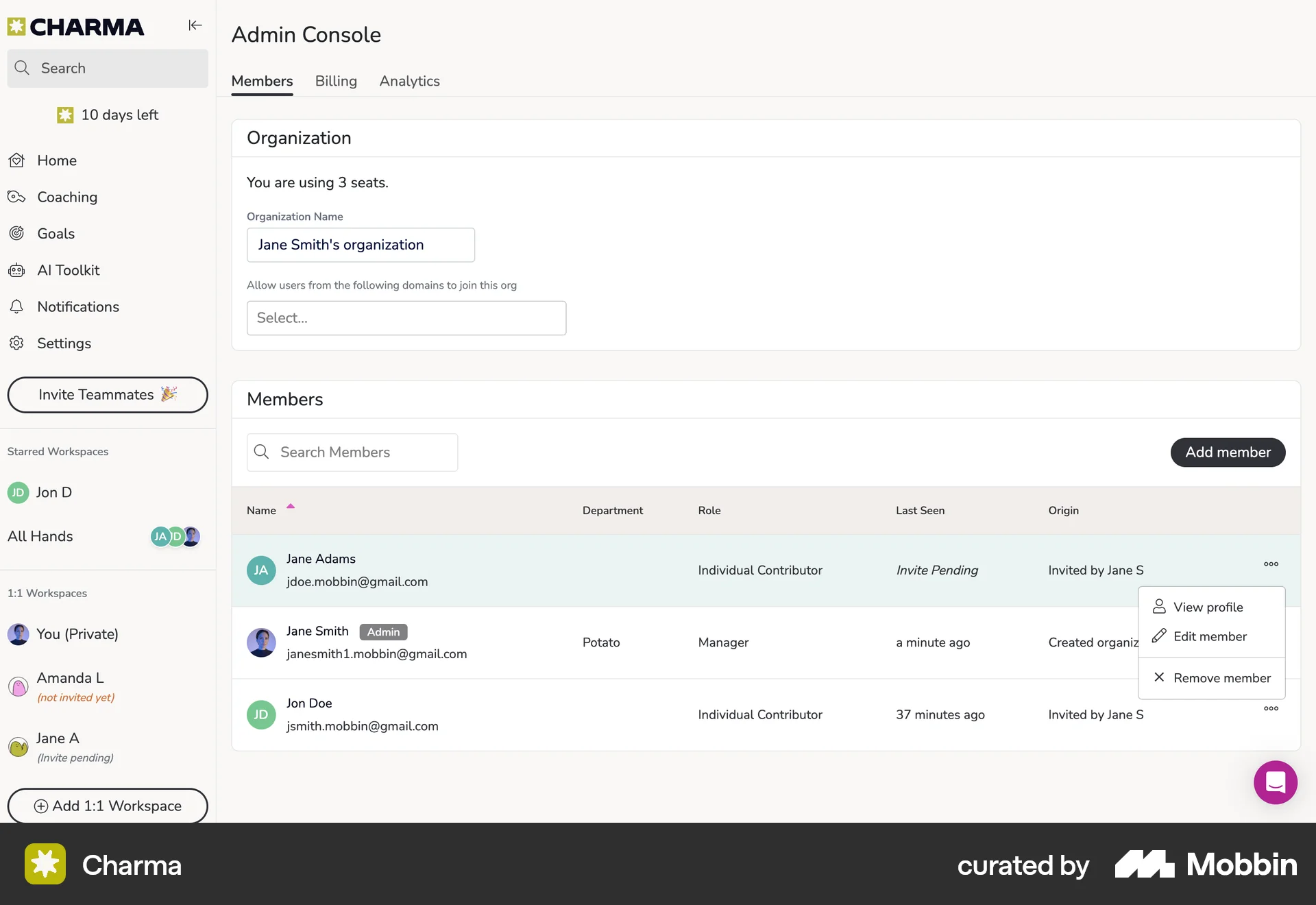 Charma Web Admin UI screen