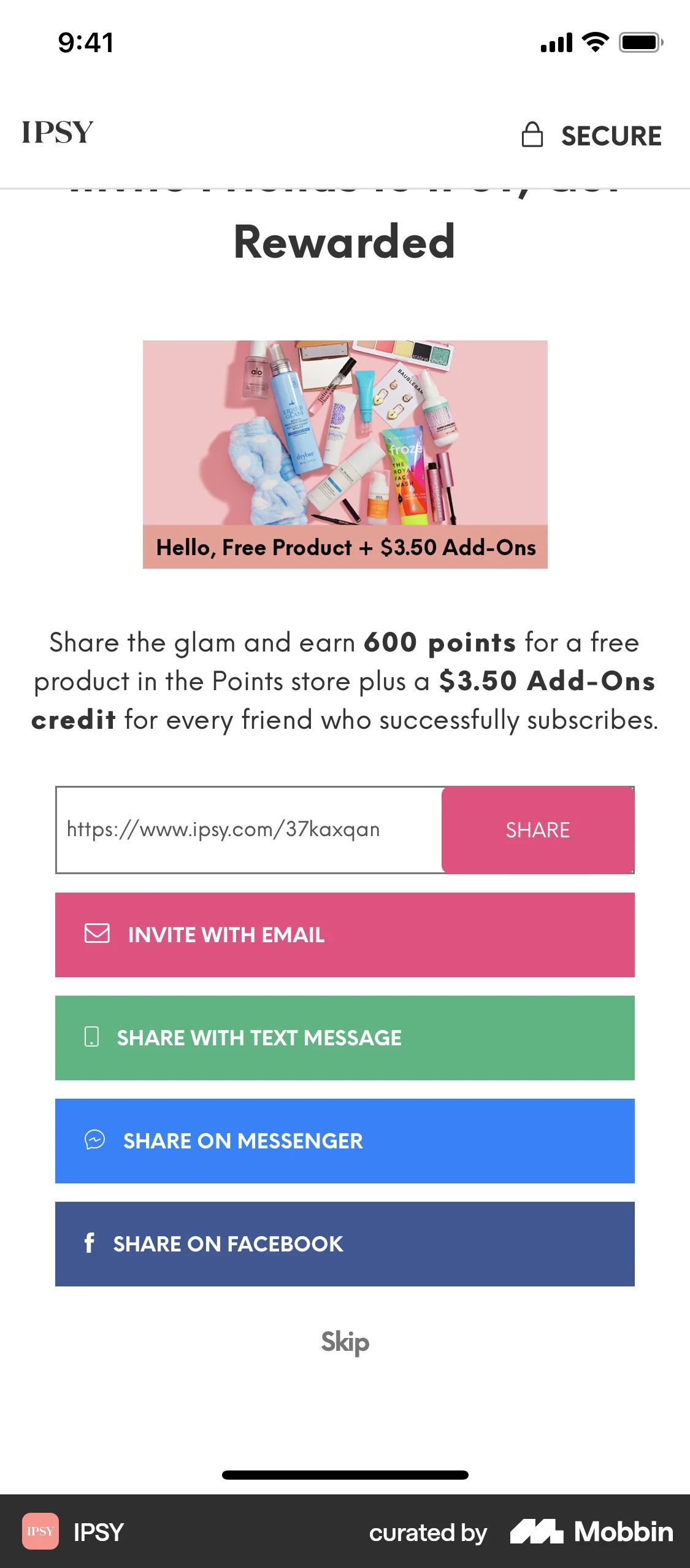 IPSY iOS Invite & Refer Friends screen