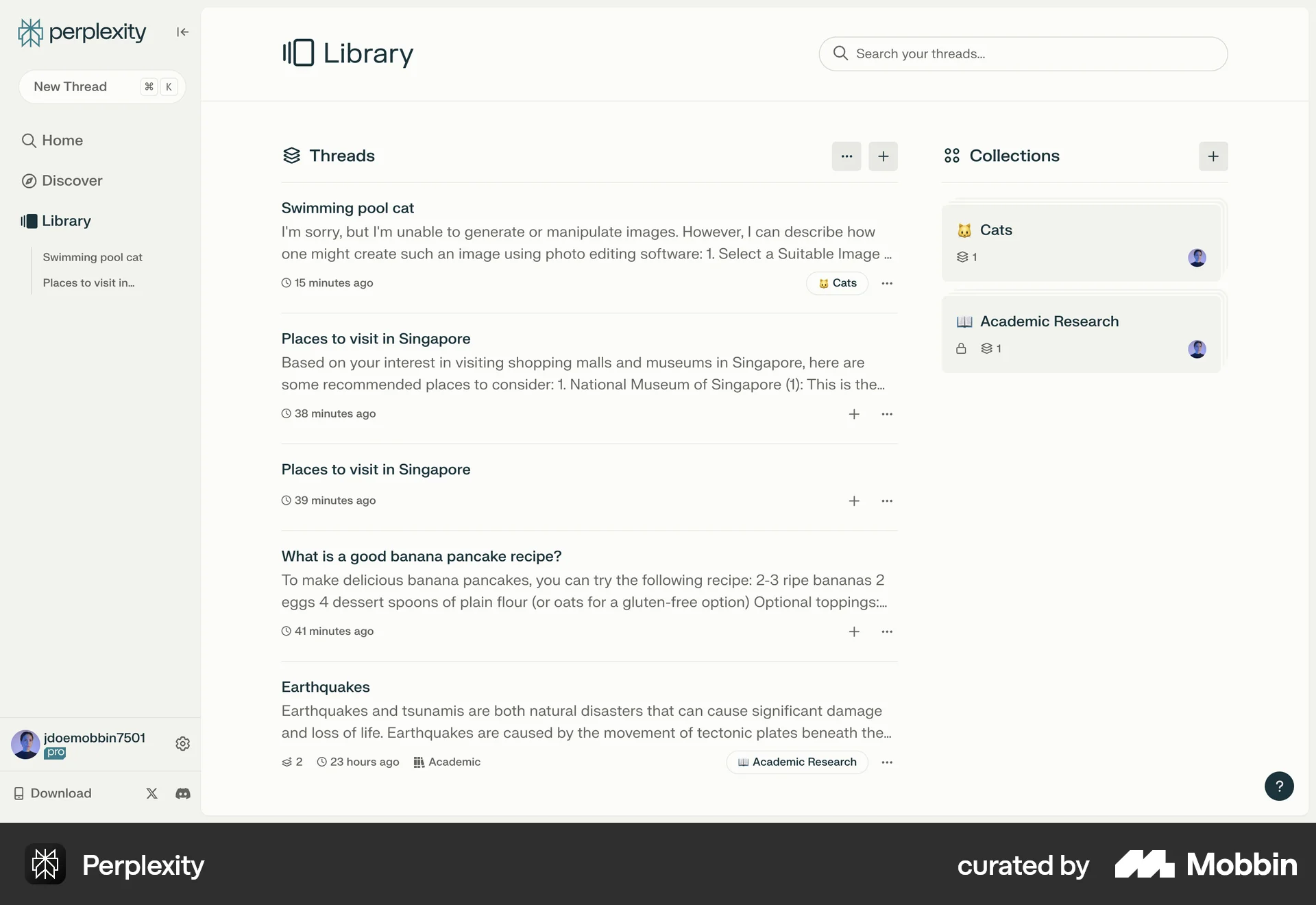 Perplexity Web Bookmarks & Collections screen