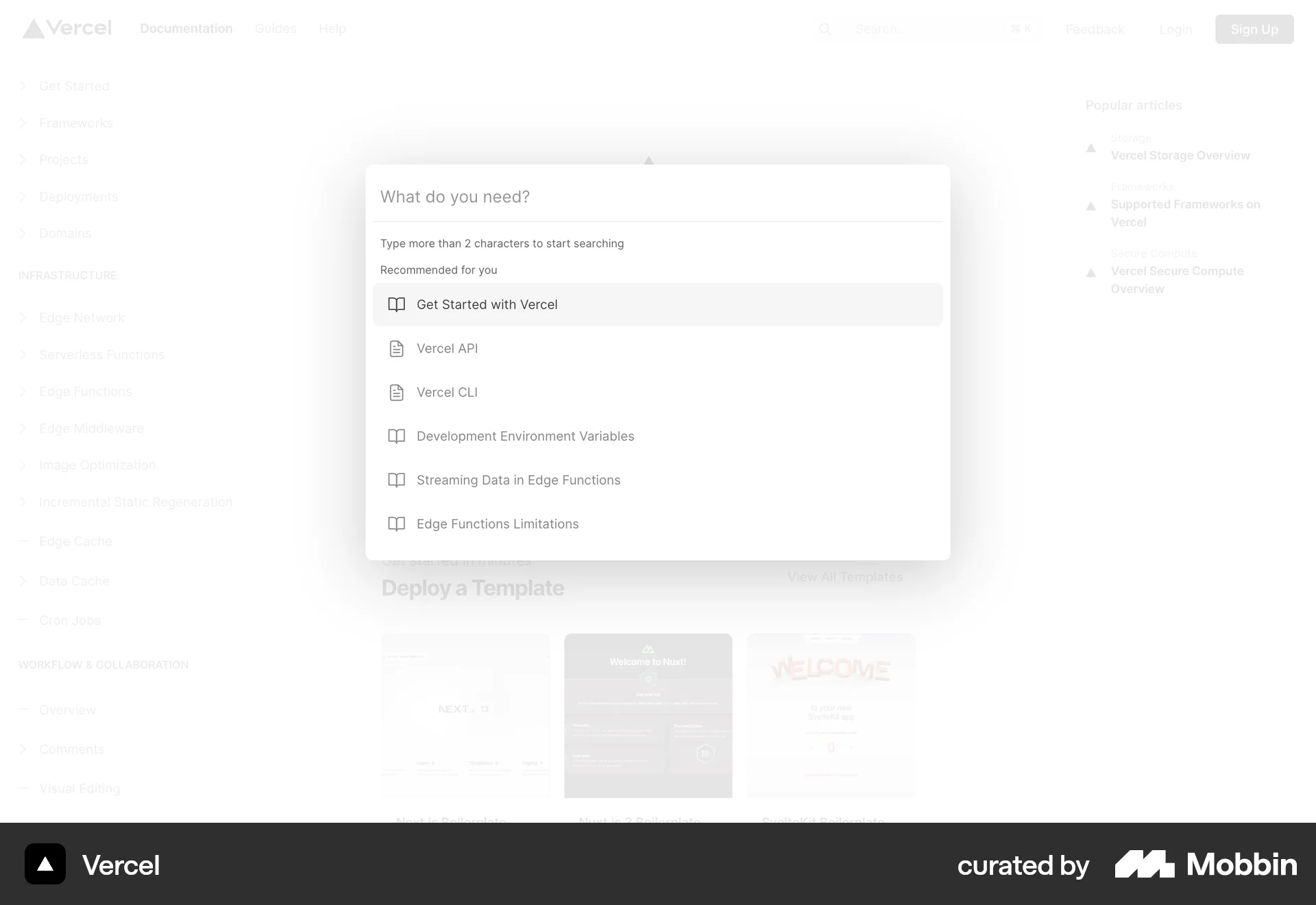 Vercel Web Command Palette screen