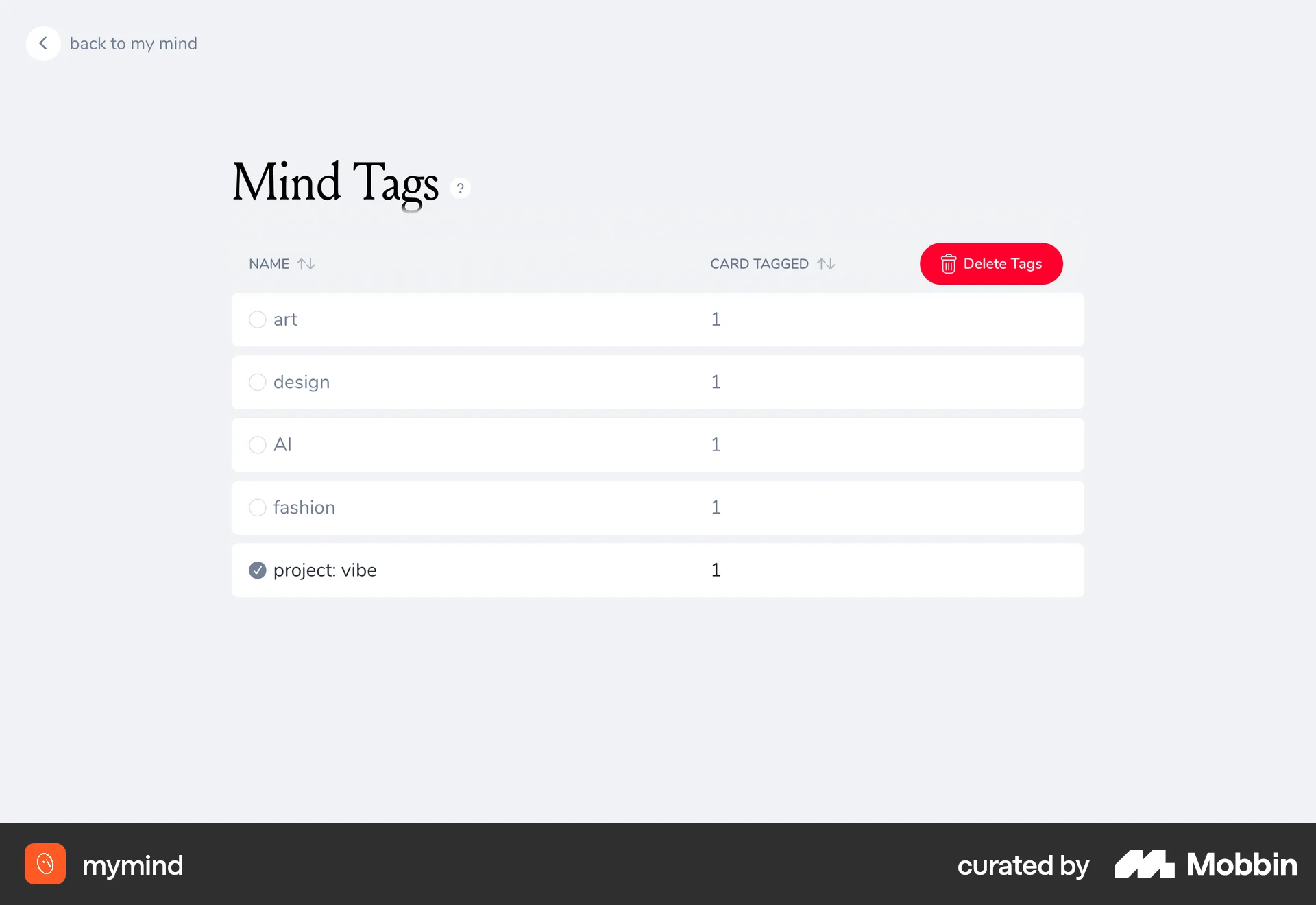 mymind Web screen containing Checkbox UI element