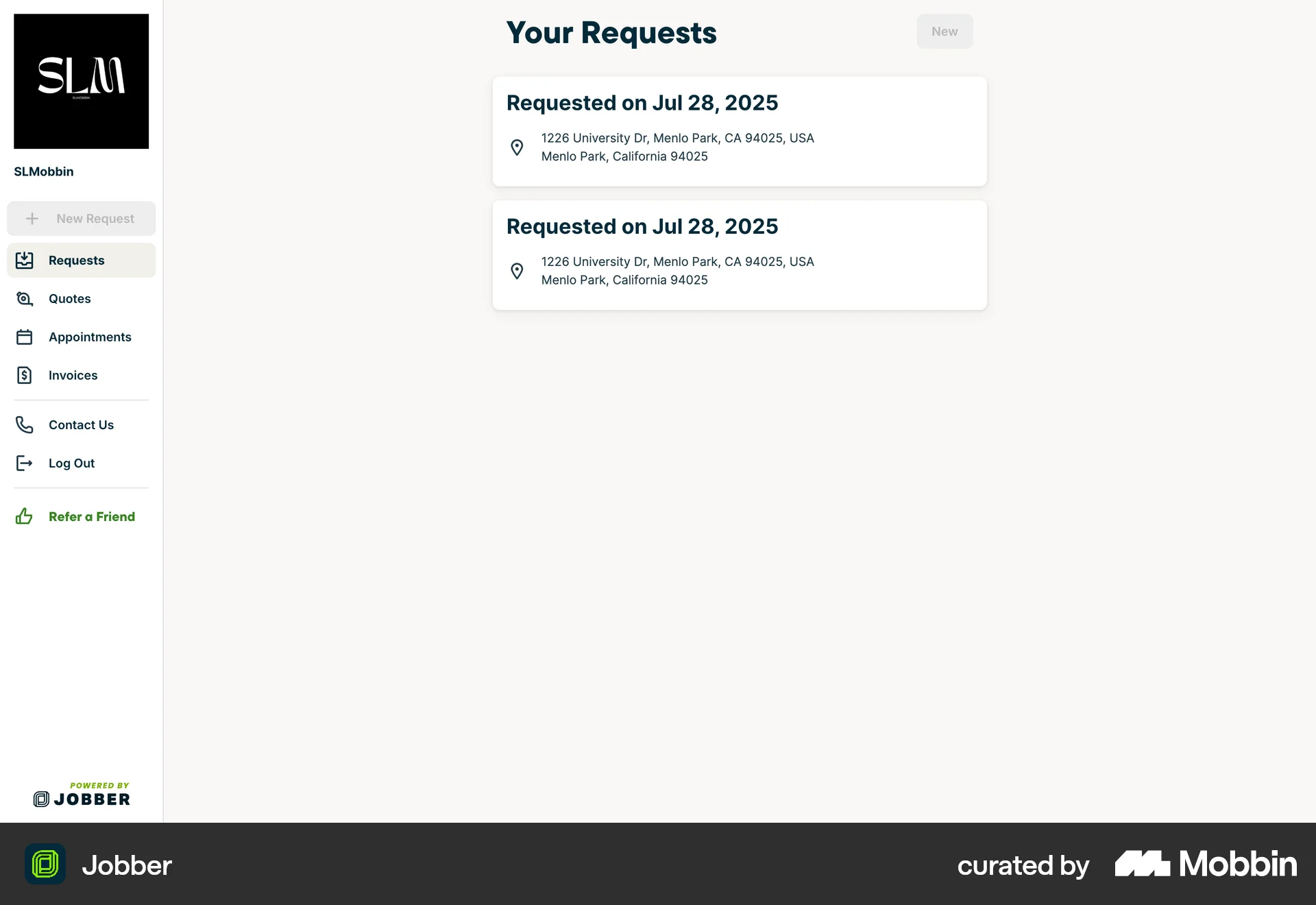 Jobber Web screen containing Stacked List UI element