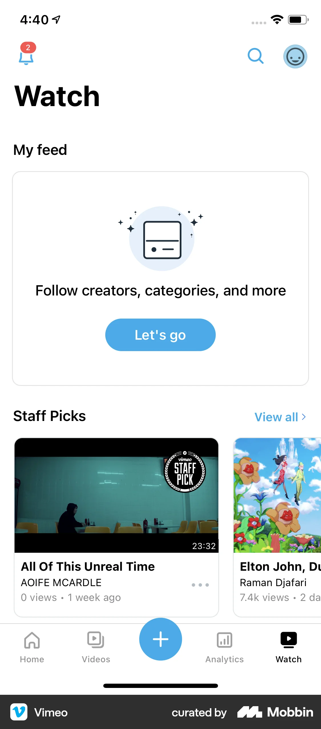 Vimeo iOS Social Feed screen