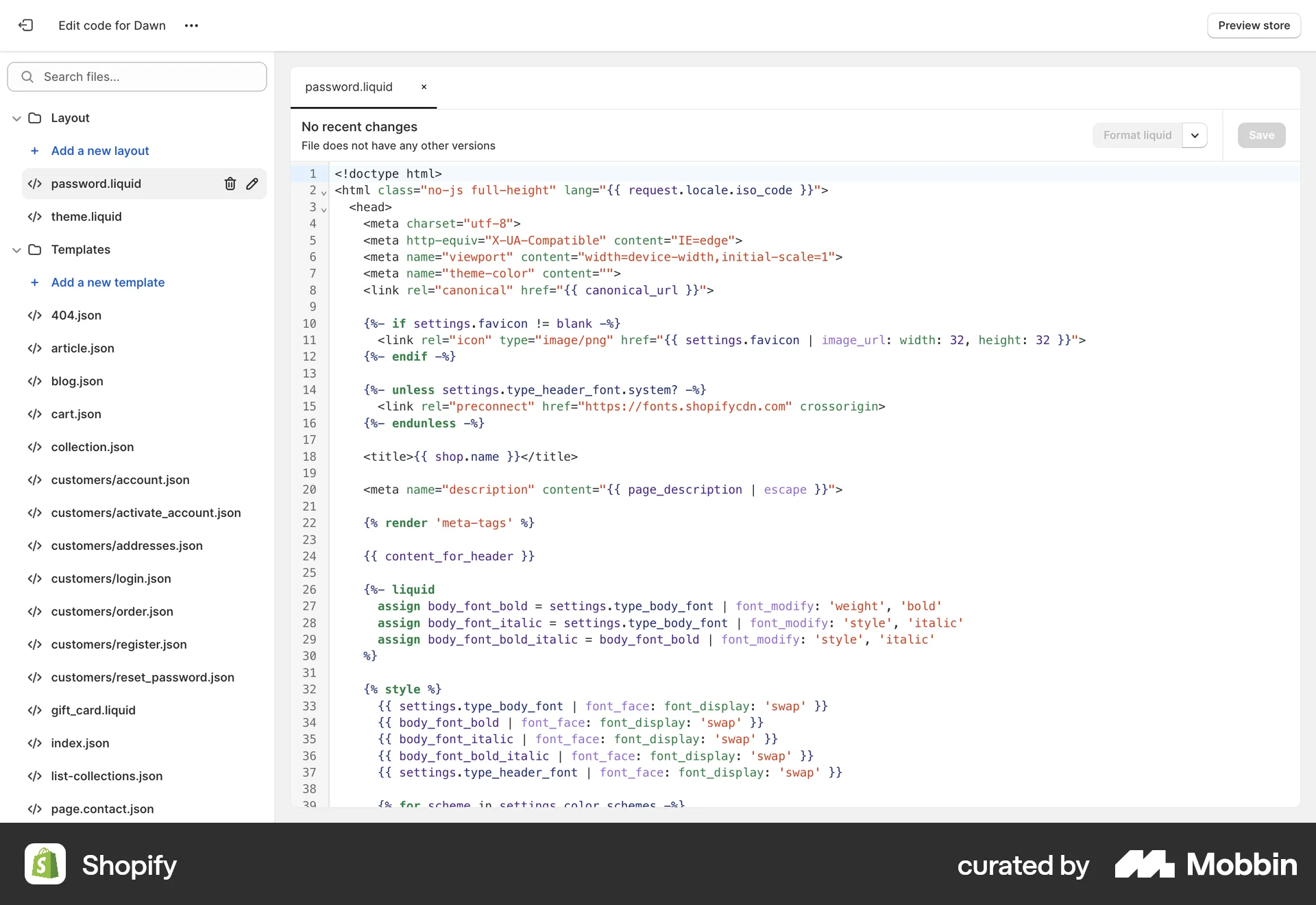 Shopify Web Code Editor screen