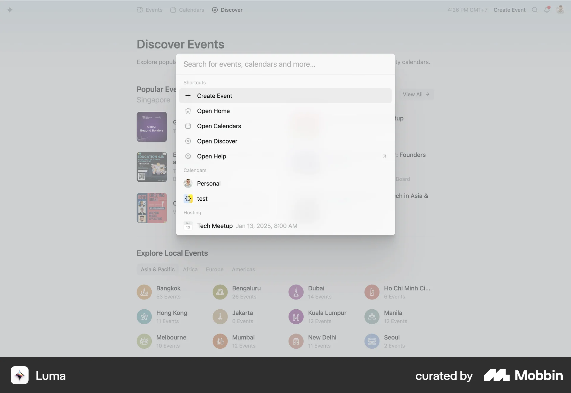 Luma Web Command Palette screen