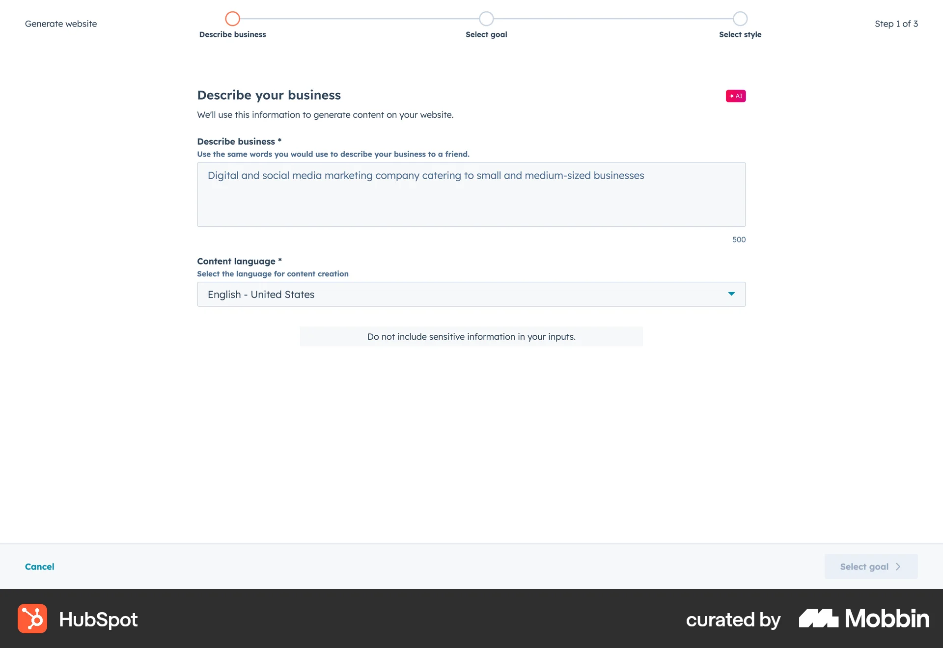 HubSpot Web Wizard UI screen