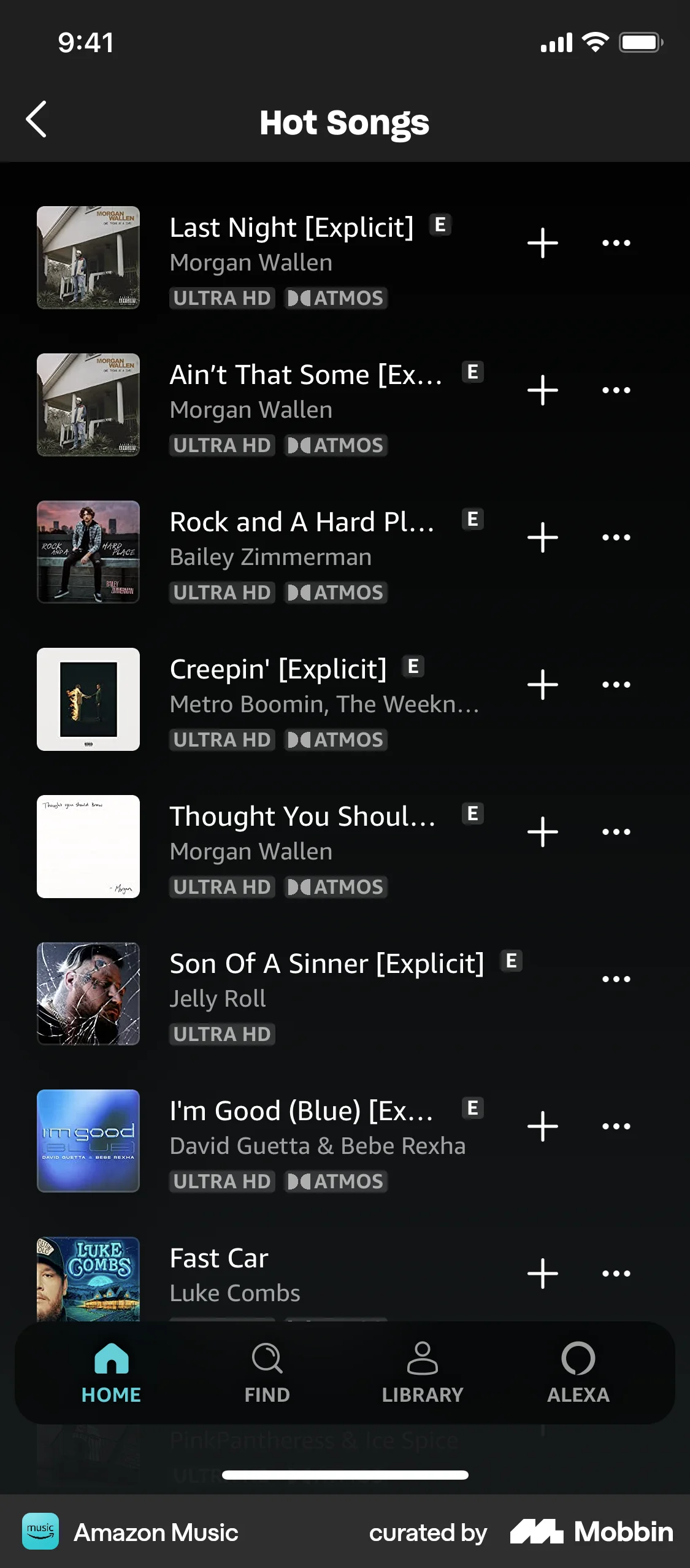 Amazon Music iOS Playlists screen