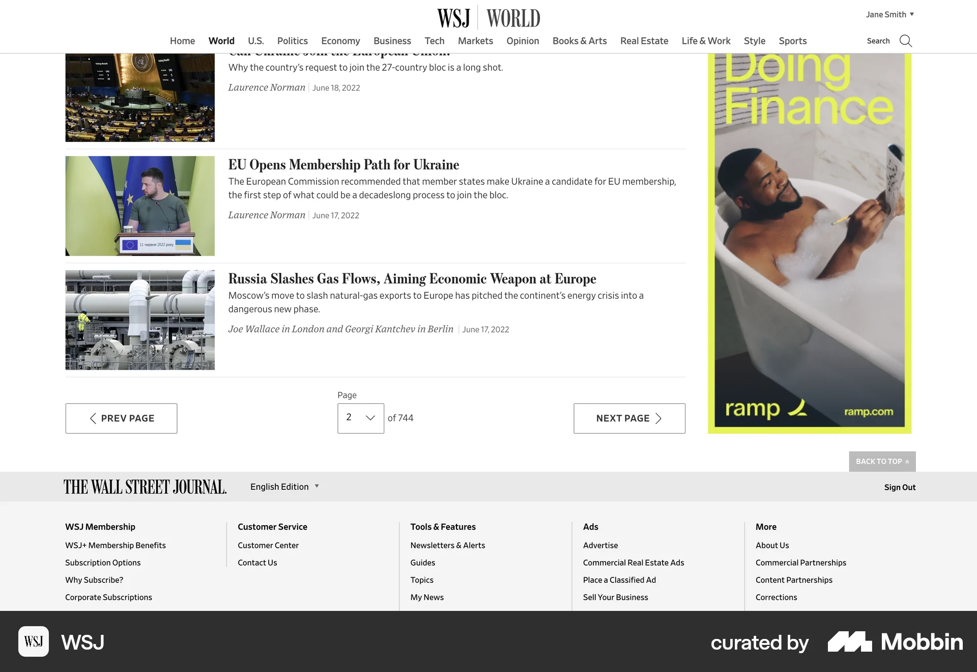 WSJ Web News Feed screen