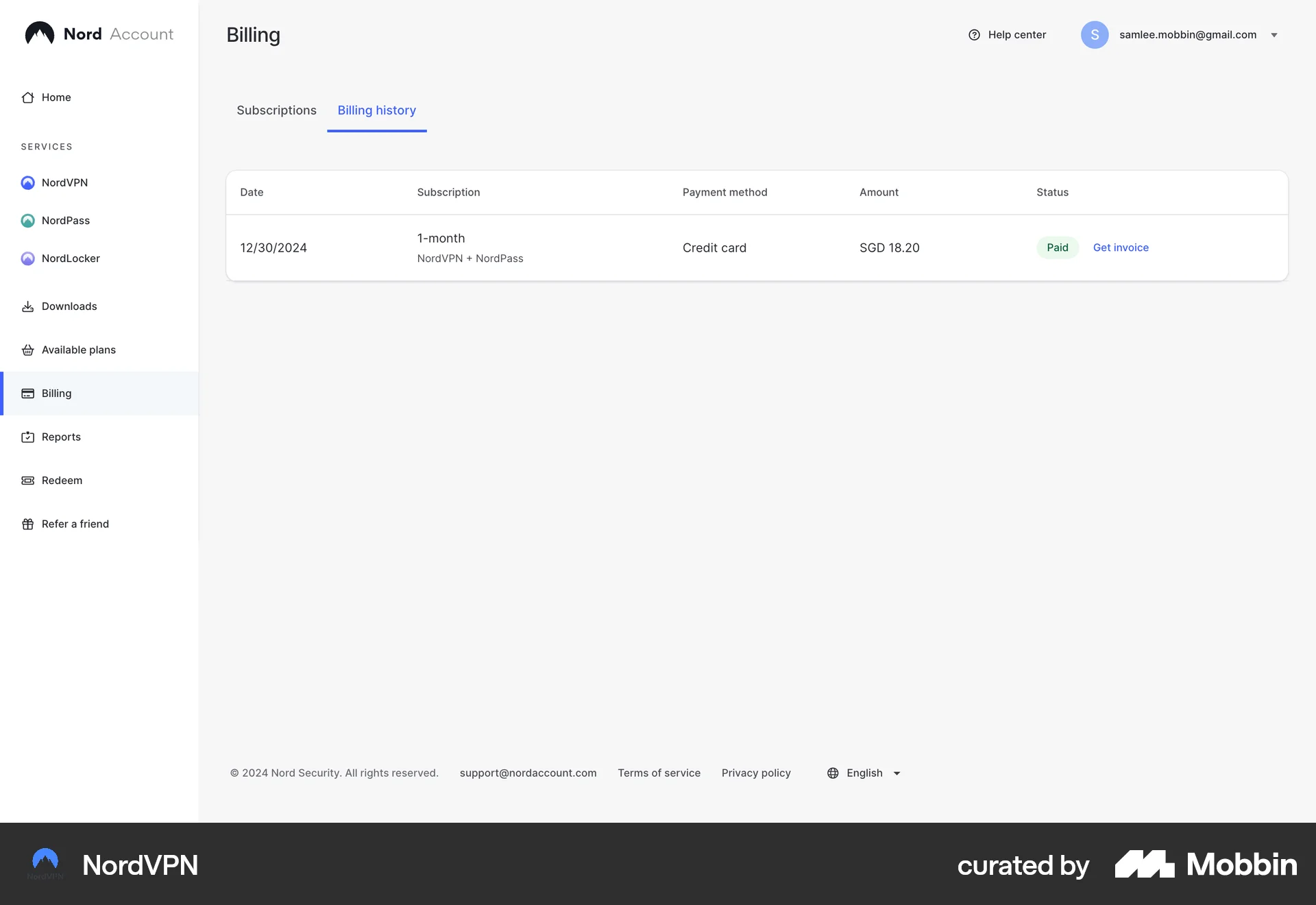 NordVPN Web Order History screen