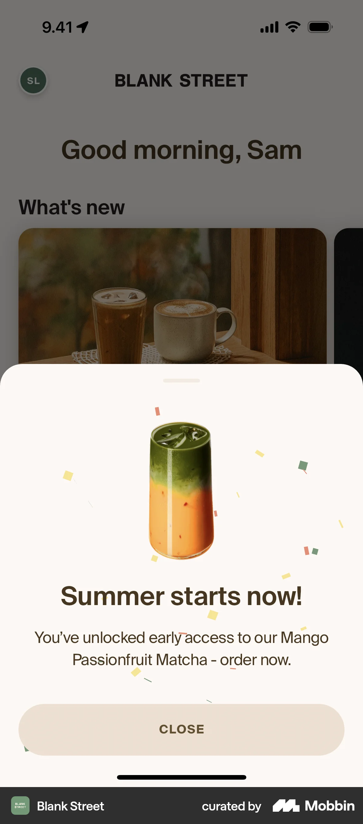 Blank Street iOS Confetti screen