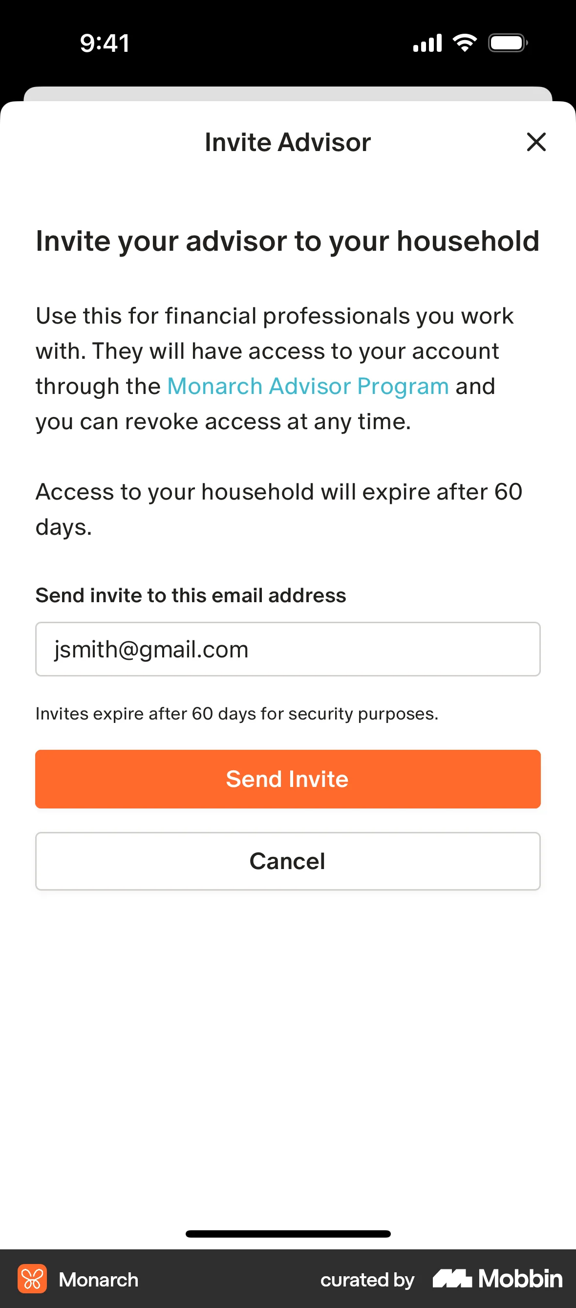 Monarch iOS Invite Teammates screen